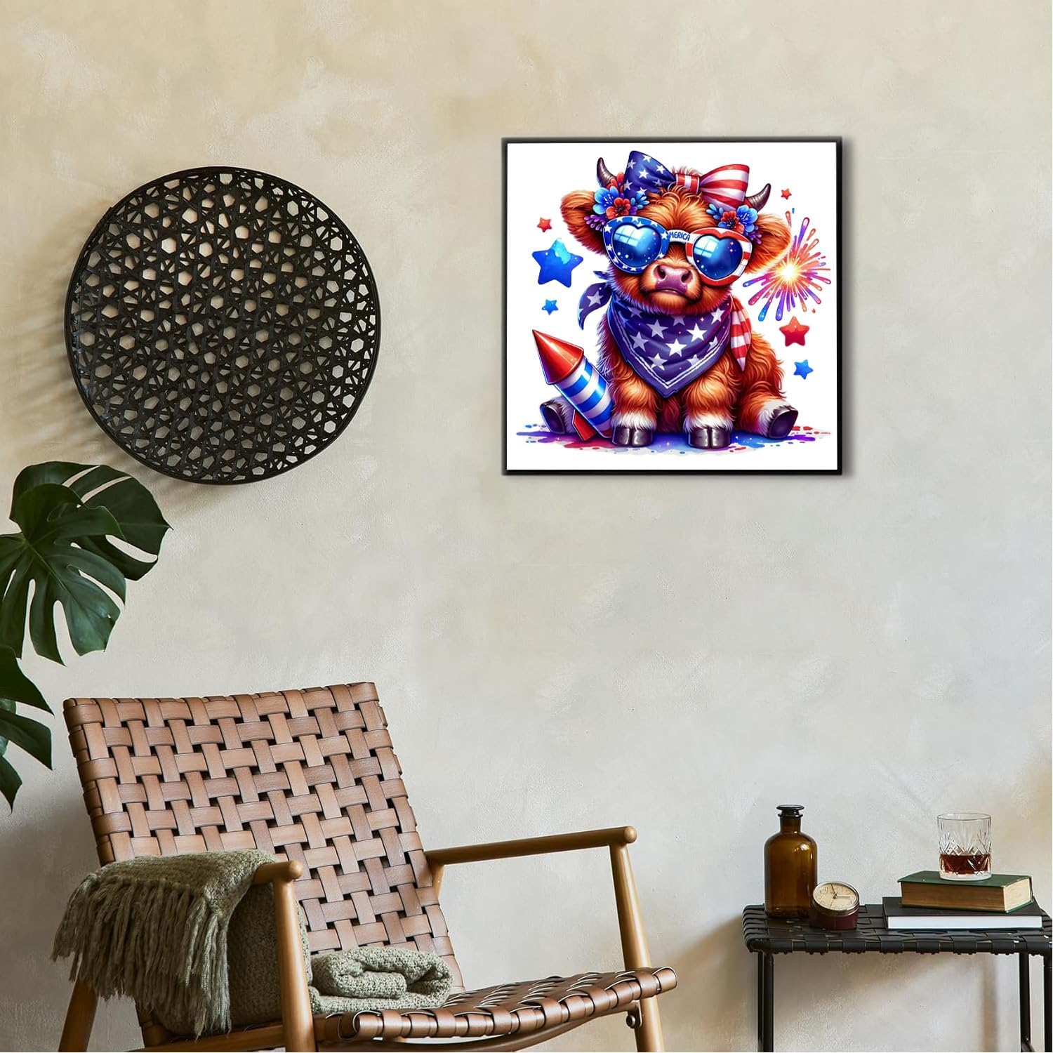Cow Diamond Art Kits for Adults, Independence Day Highland Cow Diamond Painting Kits for Adults Beginners, DIY 5D Diamond Painting with Round Gem Art Kits for Gift Home Wall Decor 11.8x11.8inch