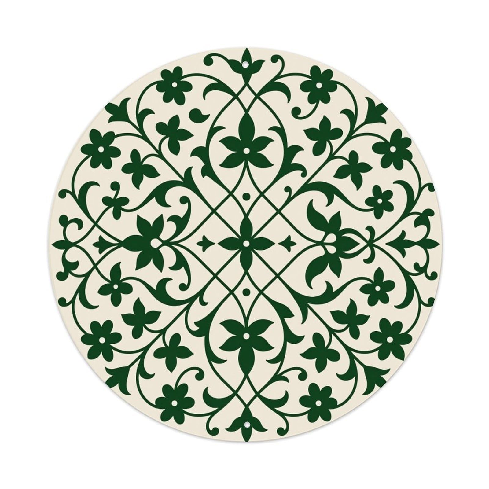 Floral Vine Pattern With Symmetrical Design And Green Accents Round Vintage Tin Sign,Retro Wall Art,Metal Poster for Home, Bar, Garage, Cafe, Rustic Indoor & Outdoor Decor, 8x8 Inches