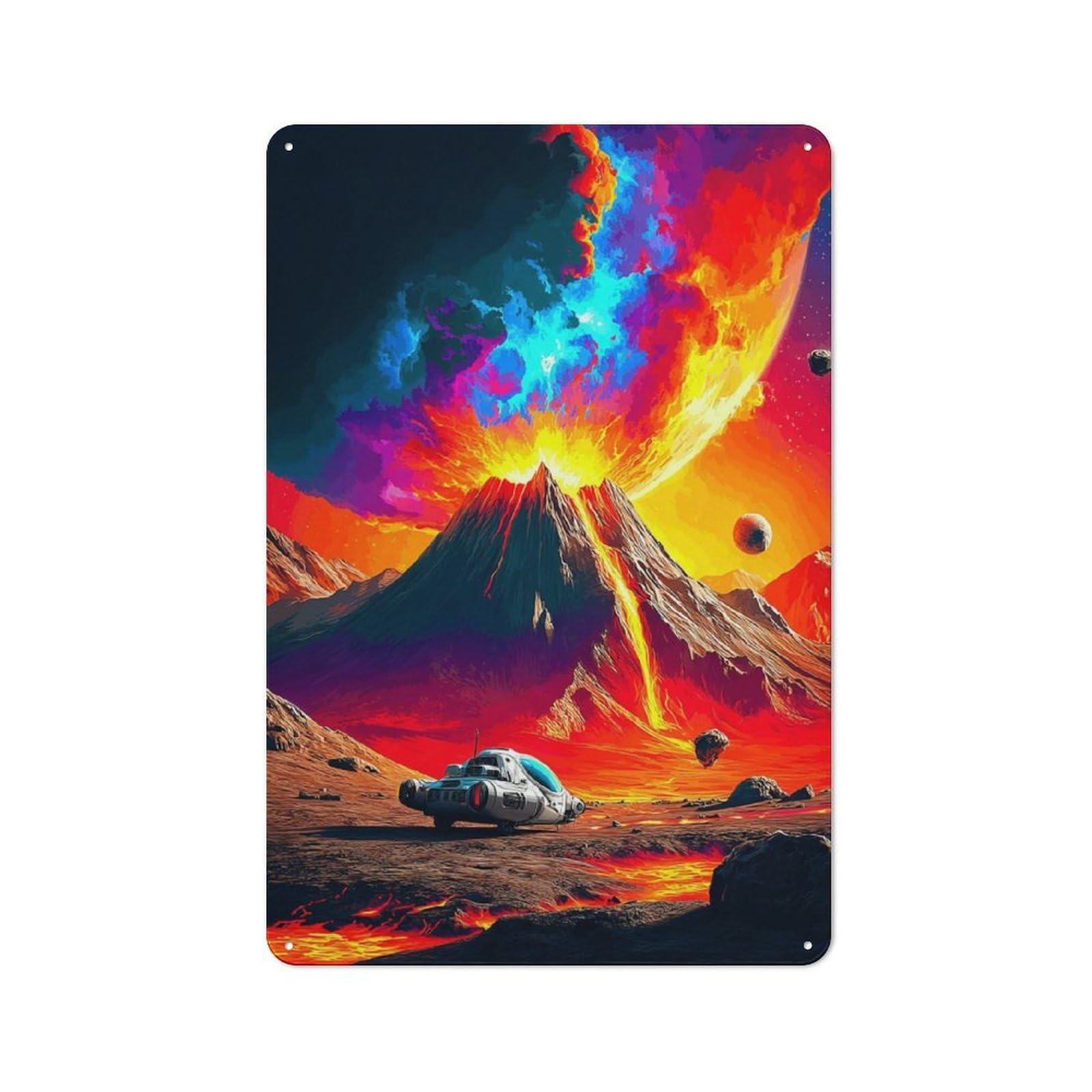 Junmoney Volcanic Alien Landscape With Spaceship 30X20cm Rustic Tin Sign With For Dining Room Or Kitchen, A Decorative Metal Sign For Kitchens And Dining Spaces