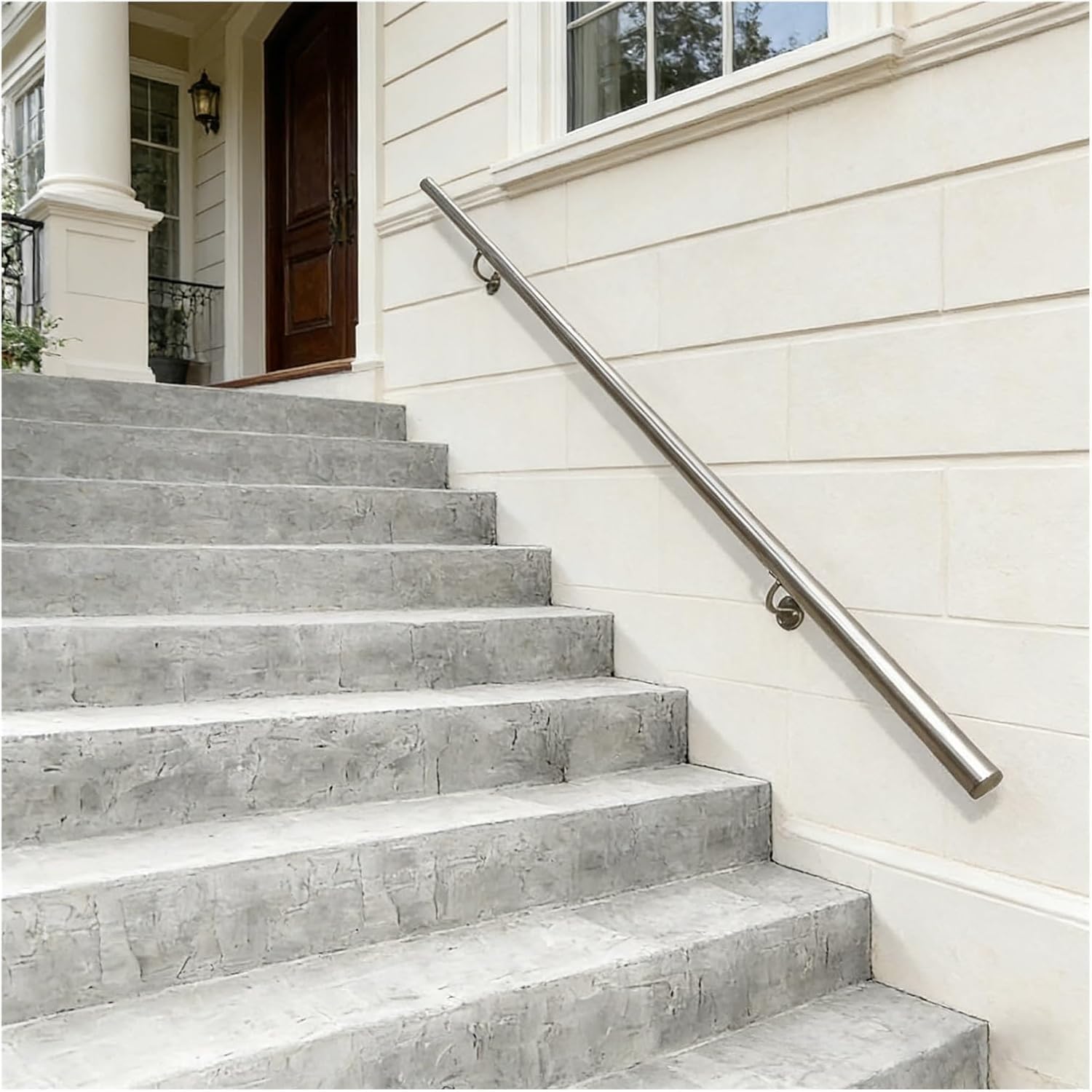 Stair Handrail Round Stainless Steel Handrail Silver Finish with Adjustable Brackets, Patio/Villas/Loft/Corridor Anti-Slip Hand Rail Support Bar(2.5ft/80cm)