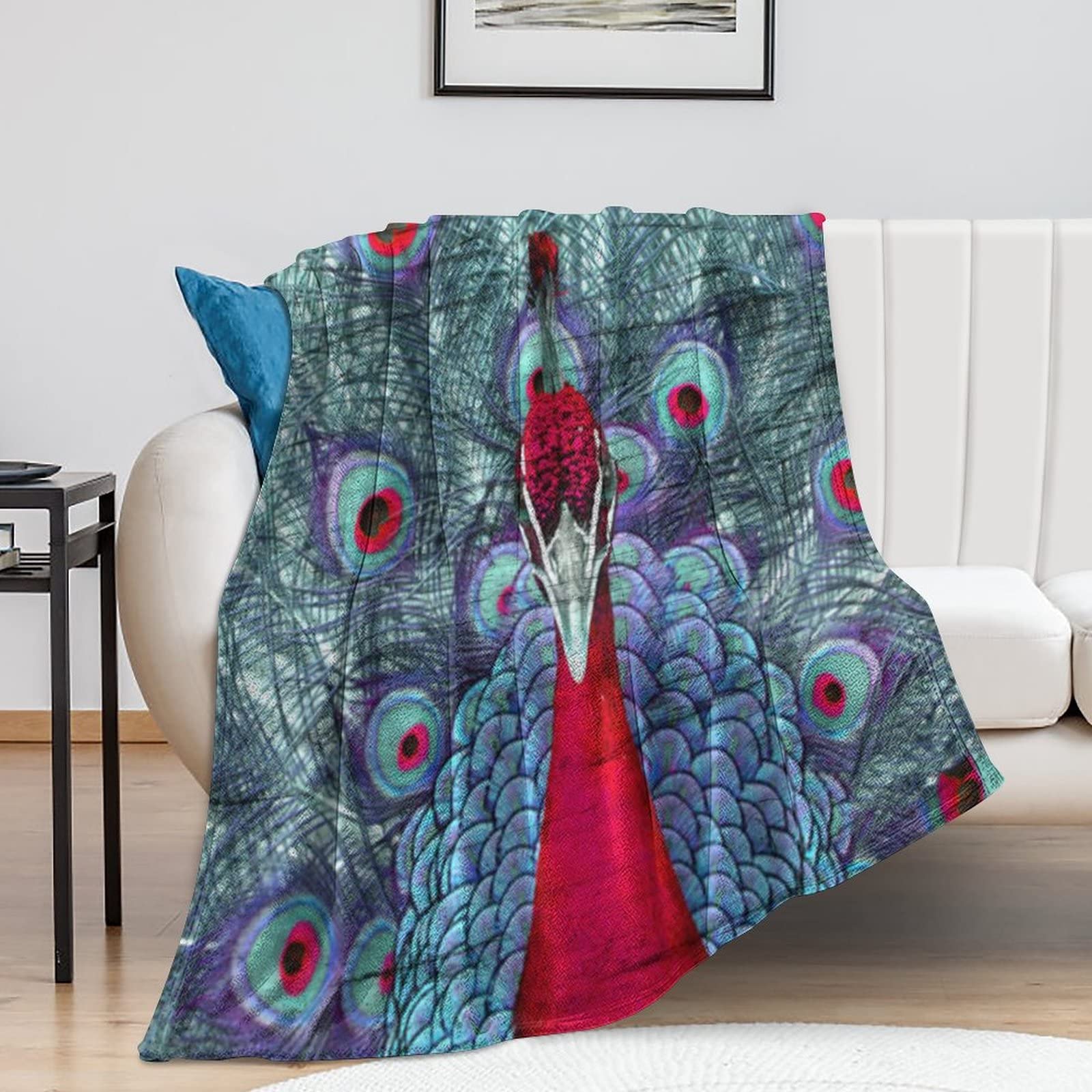 Couverture flanelle motif paon réversible en microfibre pour lit canapé