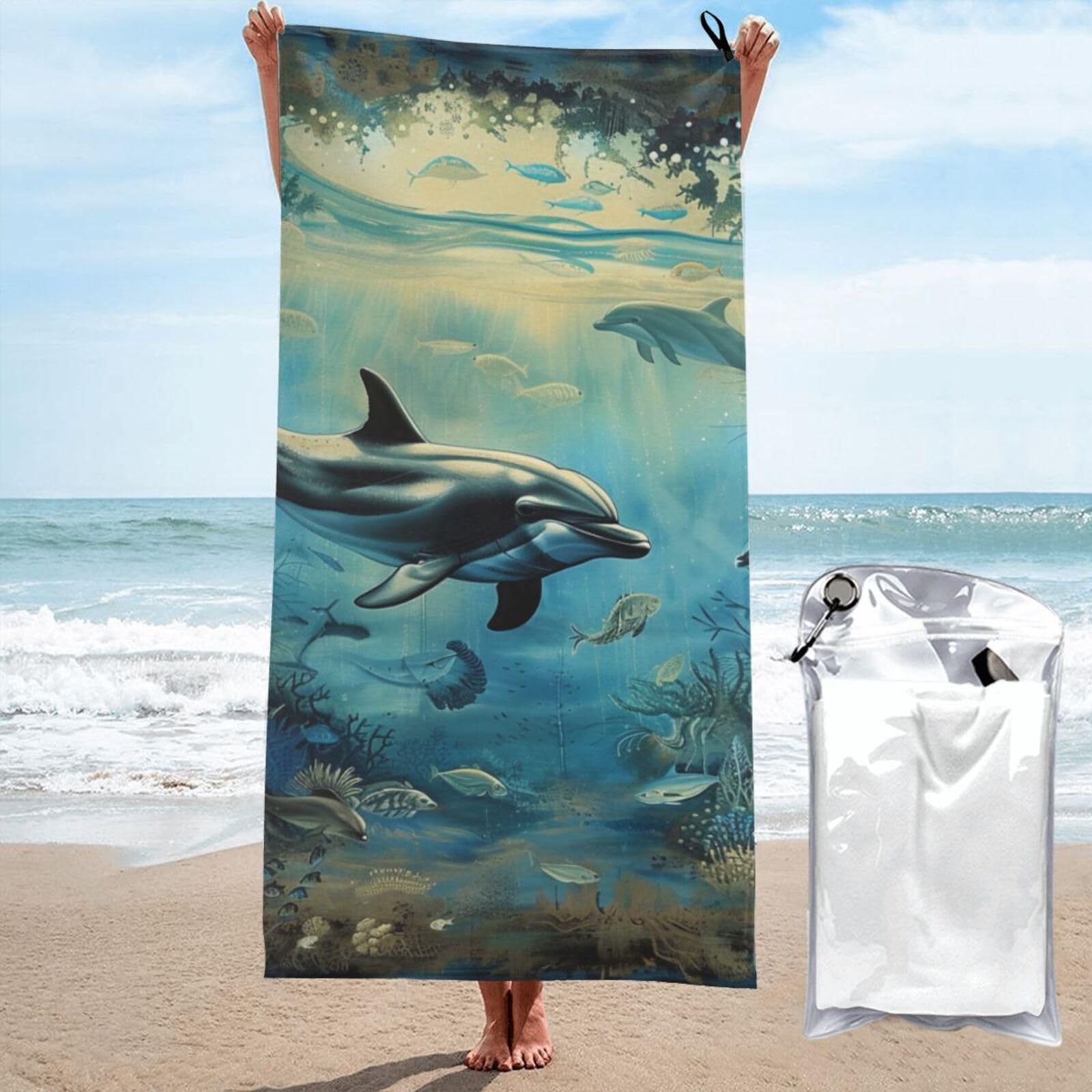 BWWHCCTI Sea Dolphin Printed Microfiber Quick Dry Beach Towel 80x160 CM, Fast Drying Bath Towels with Bags for Travel,Camping,Gym,Beach,Swimming,Yoga