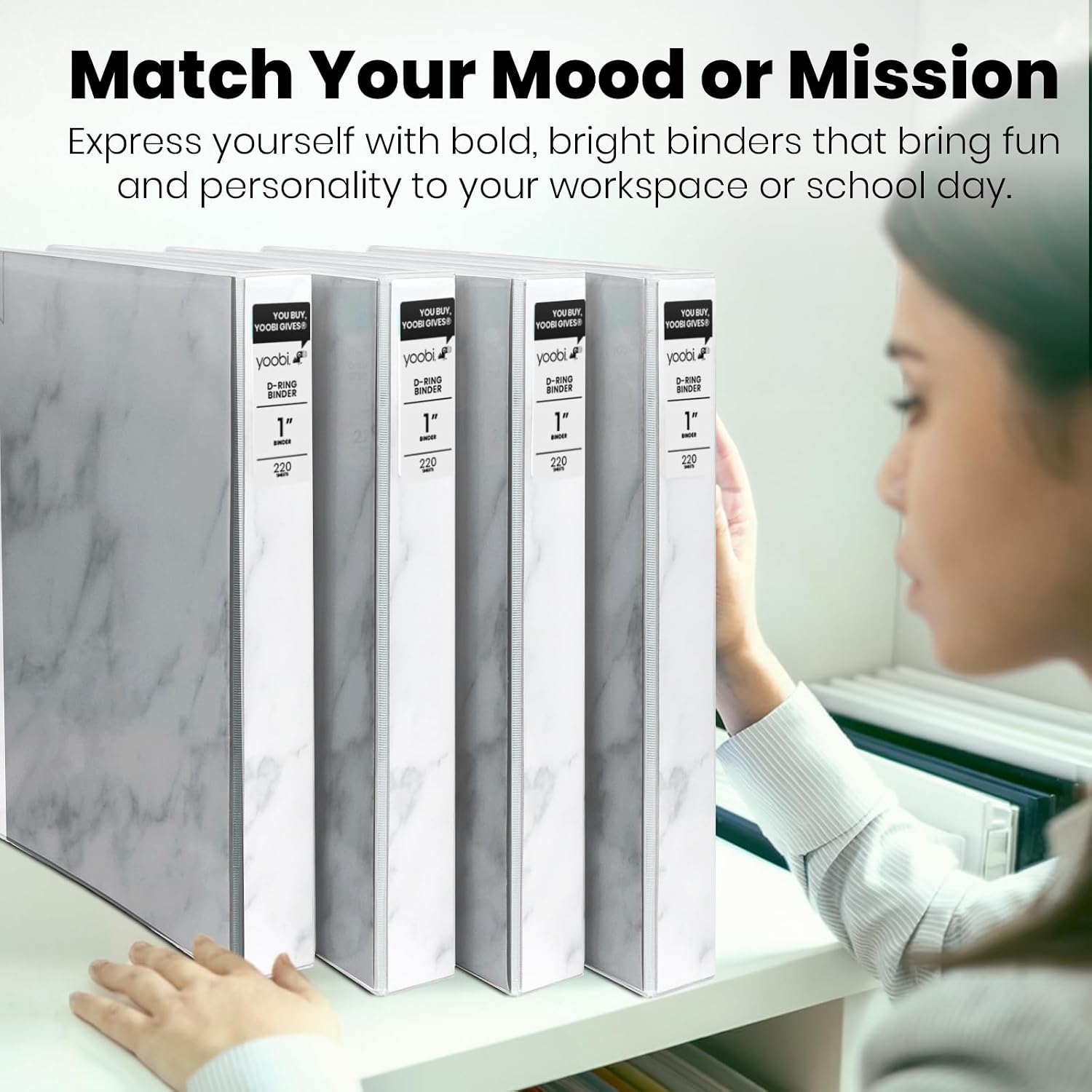 Yoobi 3 Ring Binders- Marble Design, Gray Color- 1 Inch Binder with Round D Rings and 2 Pockets, Durable, PVC-Free Organizer with 220 Sheets Capacity, 4- Pack with Plastic Cover for Office Supplies