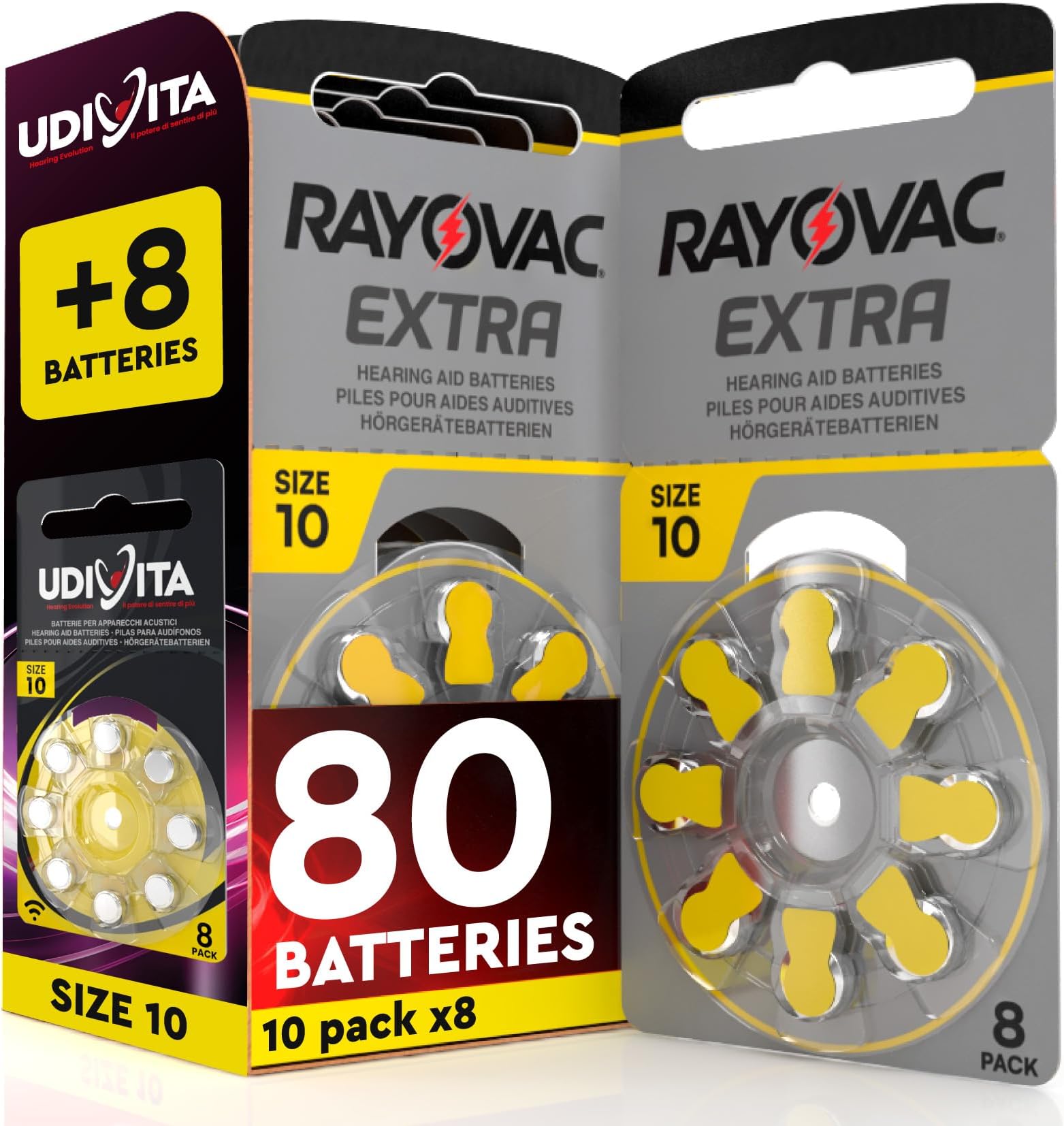80 Hearing Aid Batteries Size 10 Rayovac Extra + 8 Udivita Batteries | 10+1 8-Pack PR70 Yellow
