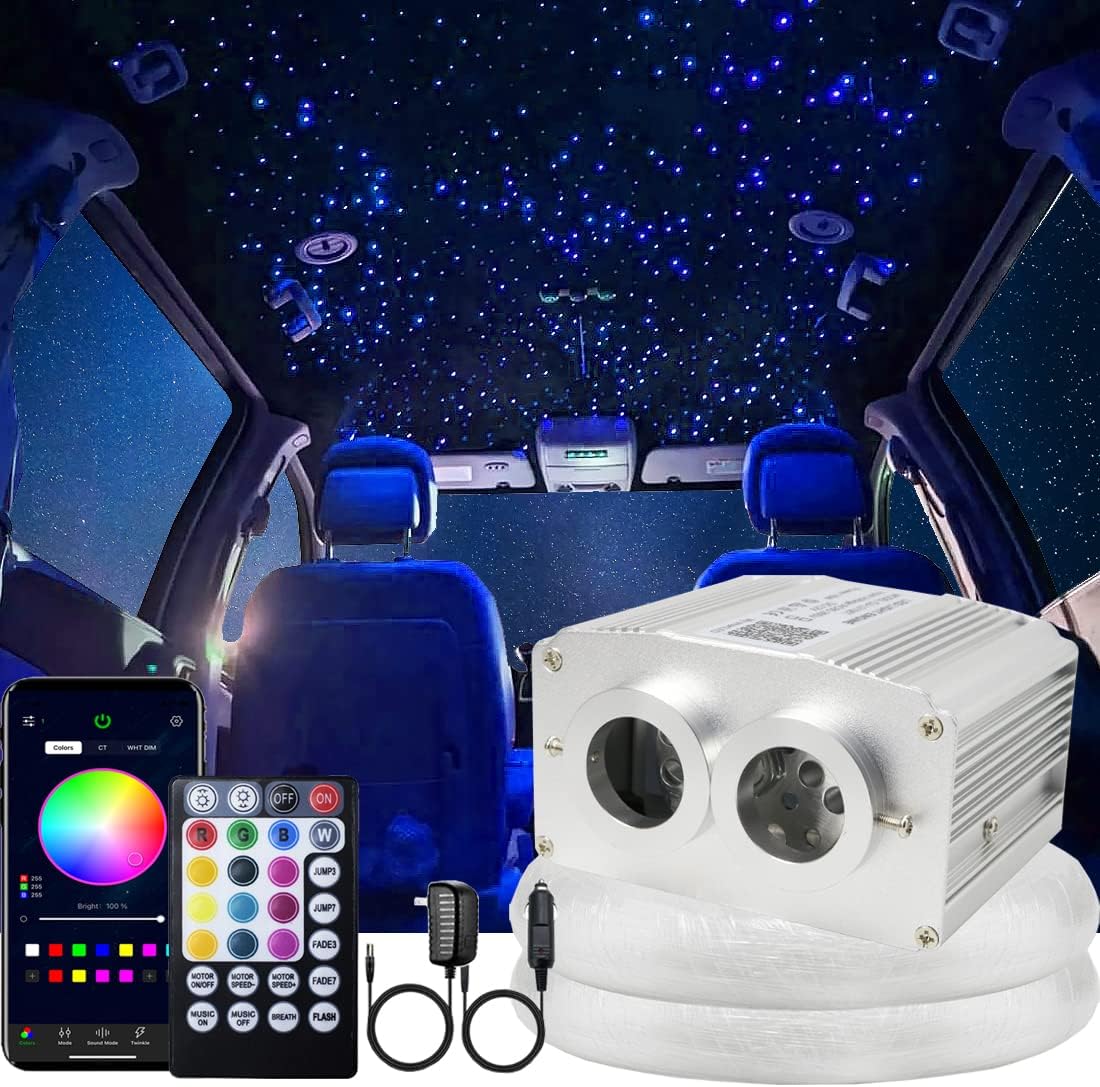 AZIMOMDual Port 16W Twinkle Bluetooth Fiber Optic Lights Star Ceiling Light Kits 1100pcs*0.03in*13.1ft Fibers Strands Sound Activated RGBW APP/Remote for Car Home Starlight Headliner Décor
