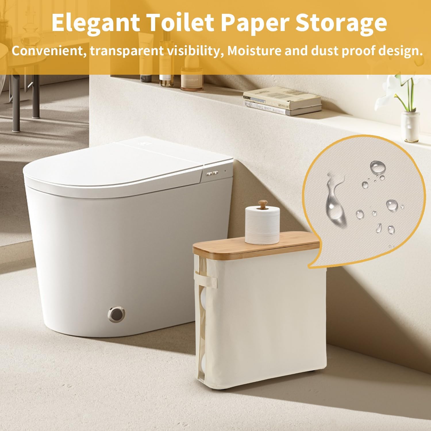 32L Bamboo Toilet Paper Storage Basket with Lid and Handle， Toilet Paper Organizer for Bathroom - Mega Capacity ， Collapsible Bathroom Toilet Paper Holder with Storage, Soft Beige，1 Pack