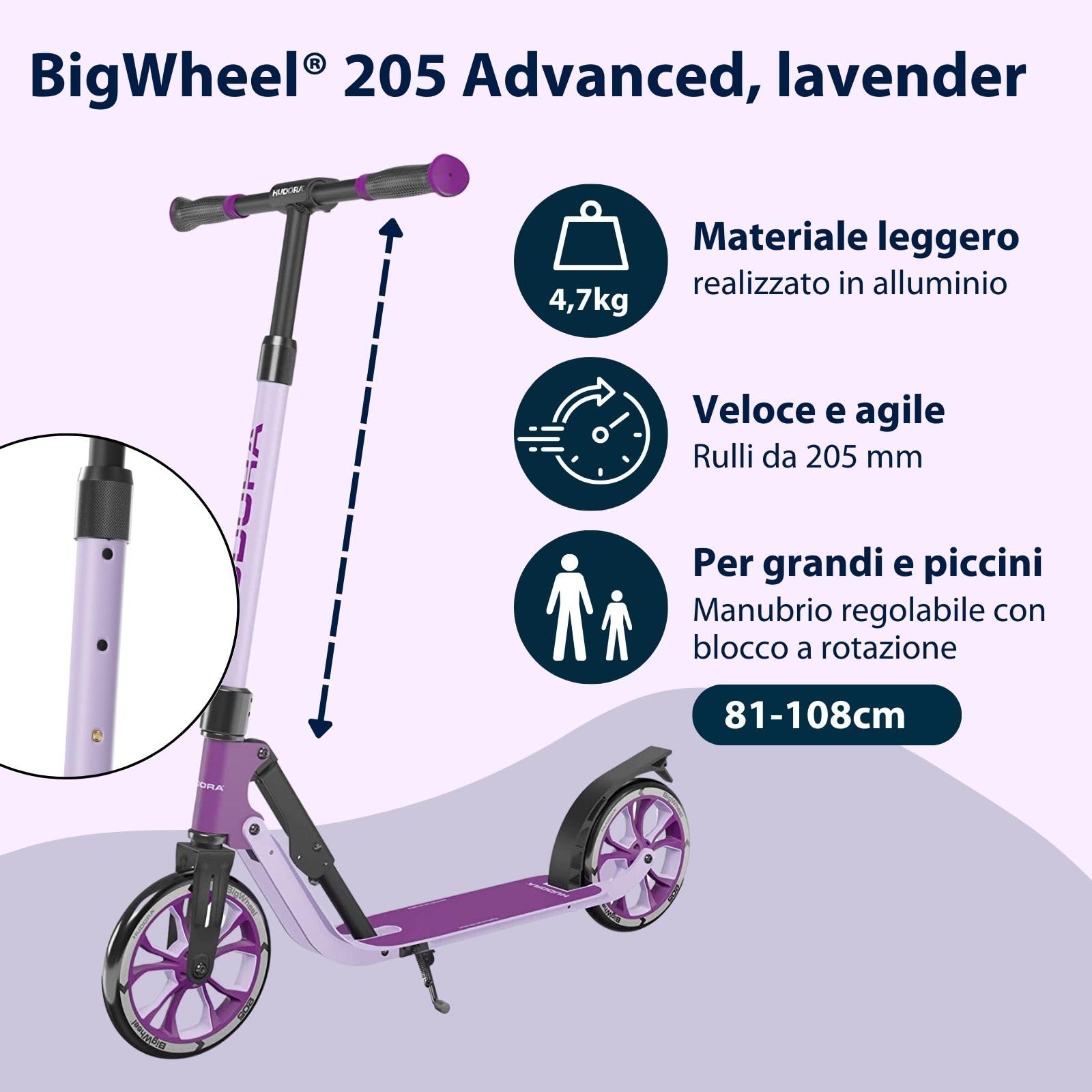 HUDORA Monopattino BigWheel® 205 Advanced - Monopattino comodo in alluminio sicuro per peso fino a 100kg - Altezza regolabile e struttura pieghevole - Monopattino bambini/ragazzi e adulti