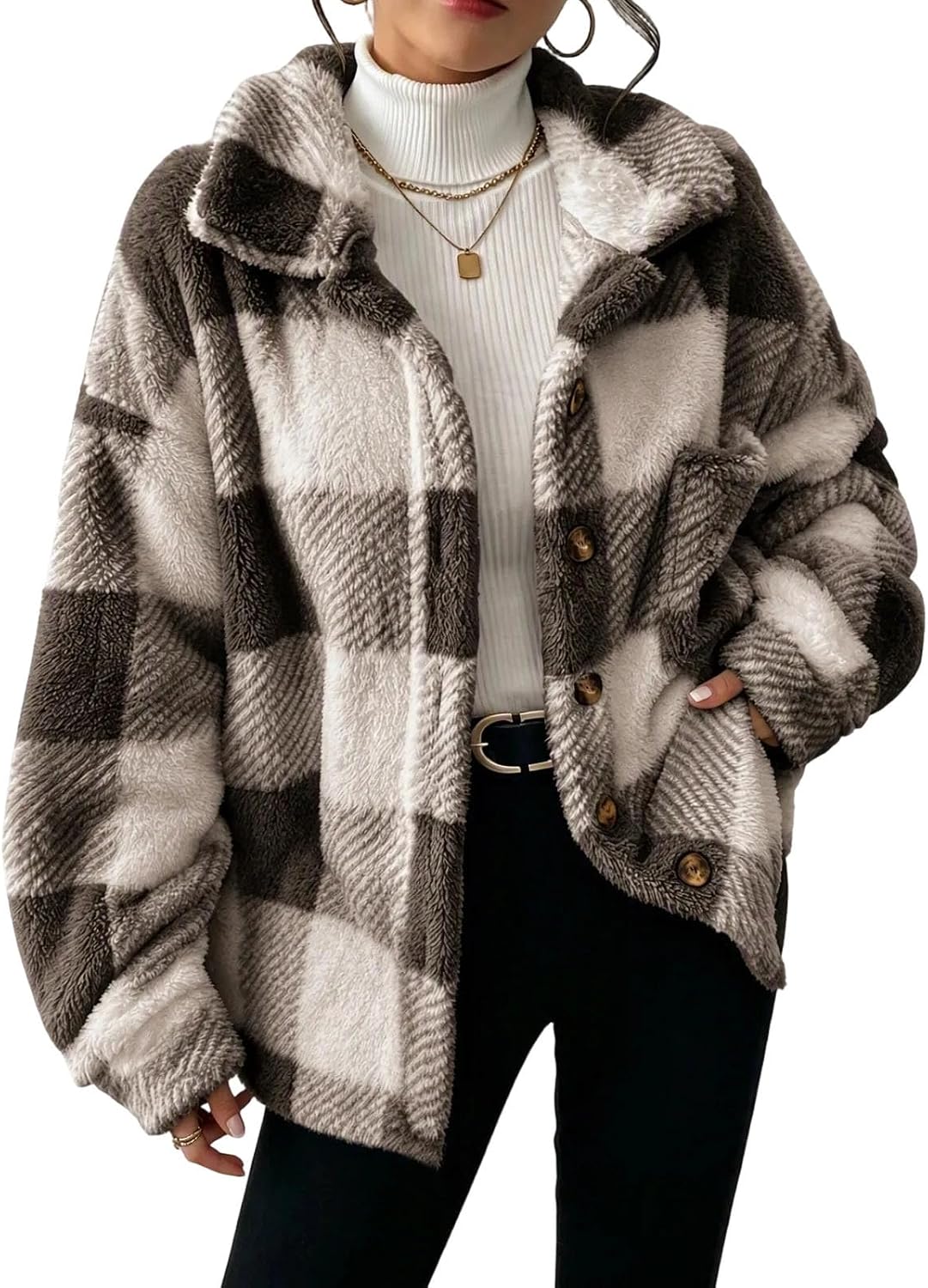 Women's Plaid Jacket Button Front Long Sleeve Classic Fleece Coat