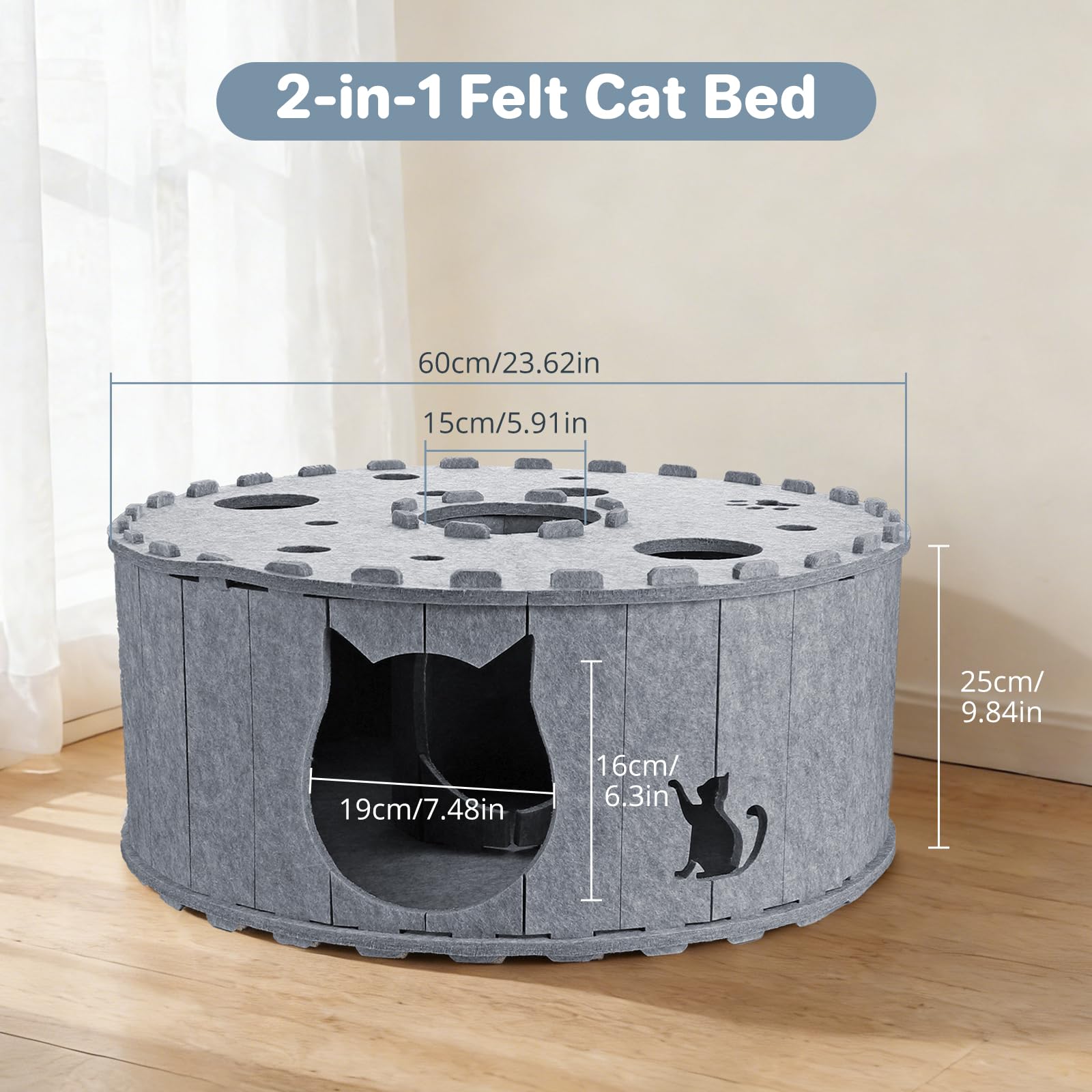 Túnel para Gatos, Cueva para Gatos de Interior, Juguete de Fieltro Suave para Gatos con Agujero Interactivo, túnel de Fieltro para hogares de Varios Gatos, Gris - 3