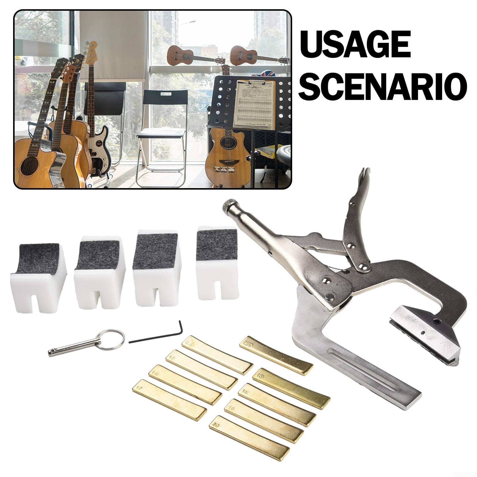 Strumento portatile per chitarra con 9 inserti per raggio, regolabile, per liutaio, per sedere i tasti della chitarra, basso, ukulele, mandolino e banjo (pressione dei tasti con 9 inserti per raggio)