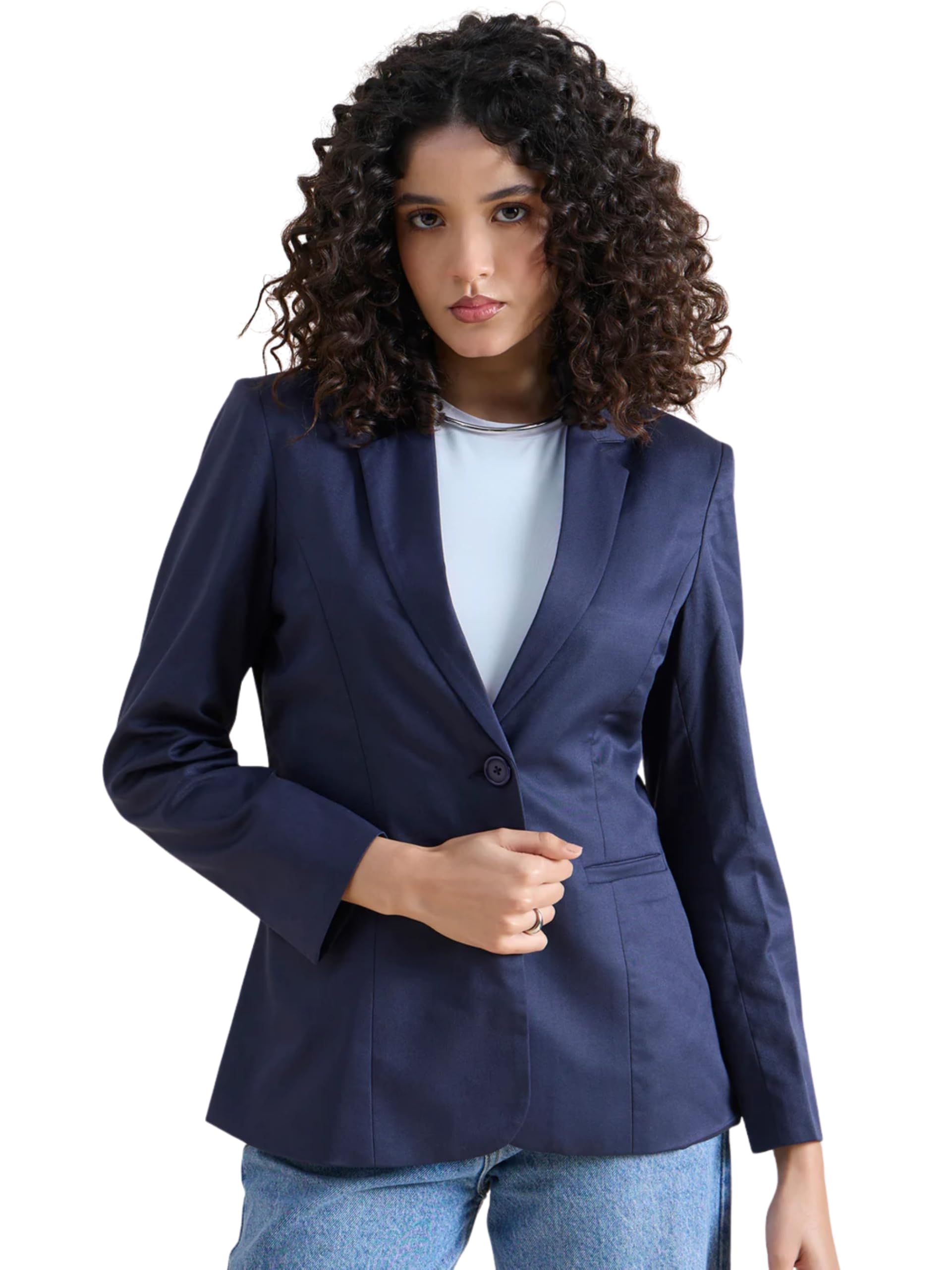 powersutra Poly Cotton Navy Blue Blazer for Women Formal Wear | Casual Blazer | Office Wear Dress for Women | Single Breasted | Notched Collar | Button Closure-picture-10