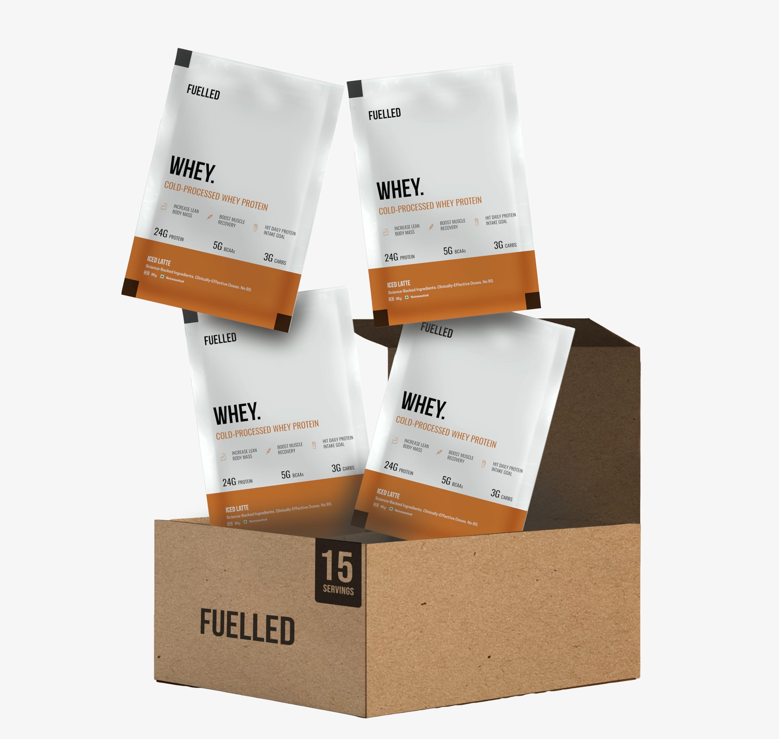 Fuelled Whey Protein Powder Concentrate & Isolate with 24 g Protein, 5 g BCAA (15 Single Serve Sachets x 35 g) Lab Tested with Plastic Shaker (Iced Latte)