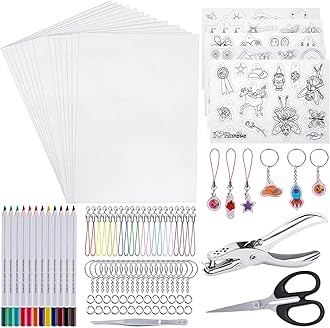 Heat Shrink Film Sheets,125Pcs Heat Shrink Plastic Kit Including 20 Pcs Shrink Art Paper, Hole Punch, Pencils, Keychains, Tweezers, Scissors Crafts and Keychains for DIY Ornaments or Creative Craft