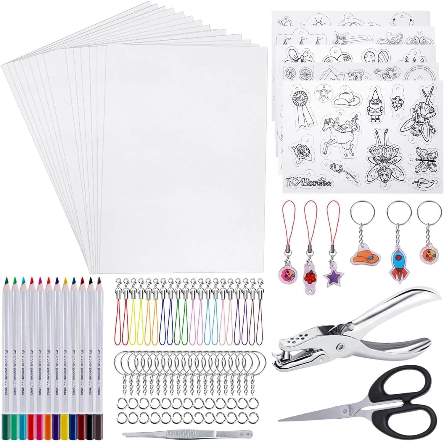 Heat Shrink Film Sheets,125Pcs Plastic Kit Including 20 Pcs Art Paper, Hole Punch, Pencils, Keychains, Tweezers, Scissors Crafts And Keychains For Diy Ornaments Or Creative Craft
