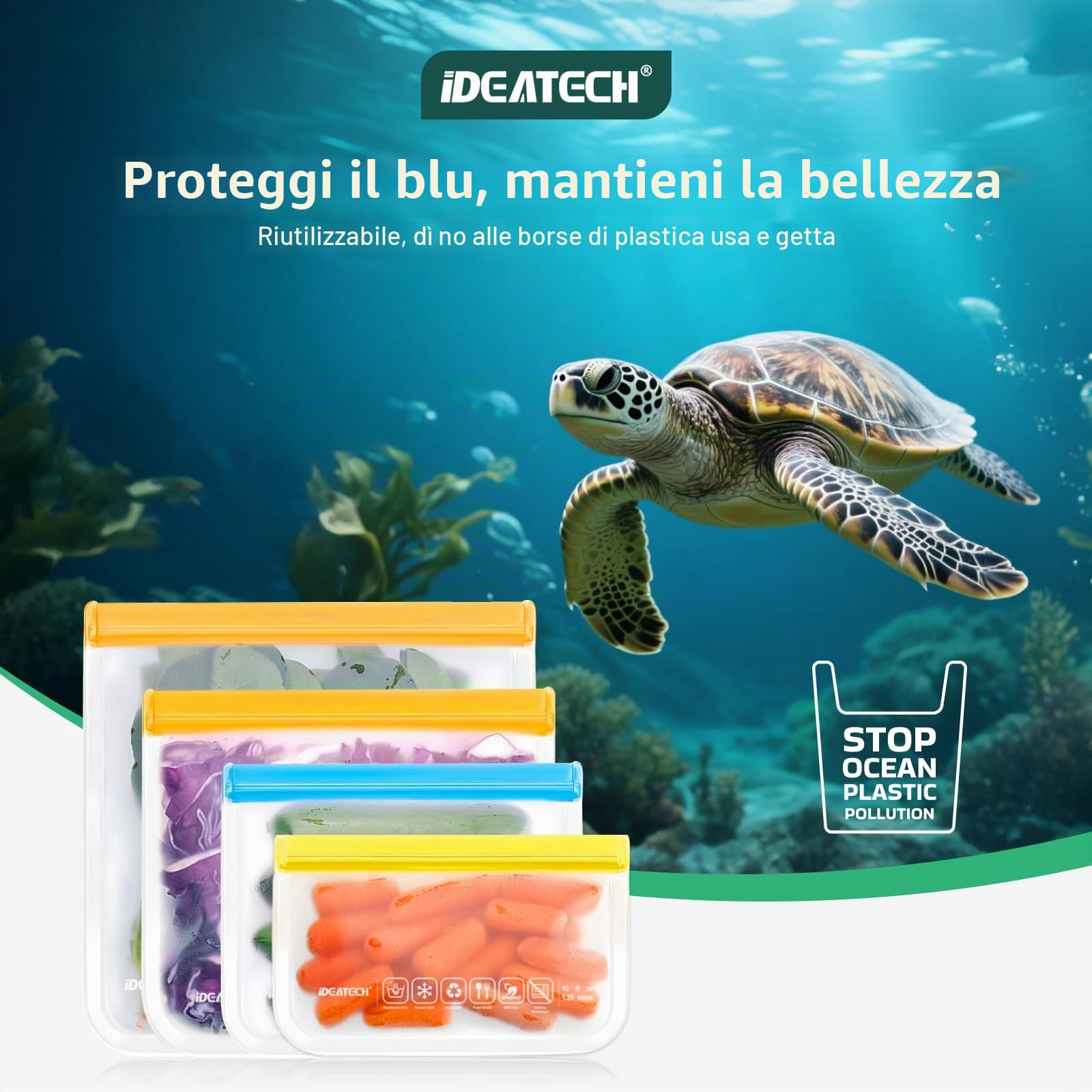 IDEATECH Sacchetti Silicone Freezer 20 Pack Riutilizzabili Buste Alimenti Richiudibili Congelatore Cibo Ermetici Zip BPA Free Gelo Verdura Carne Frutta
