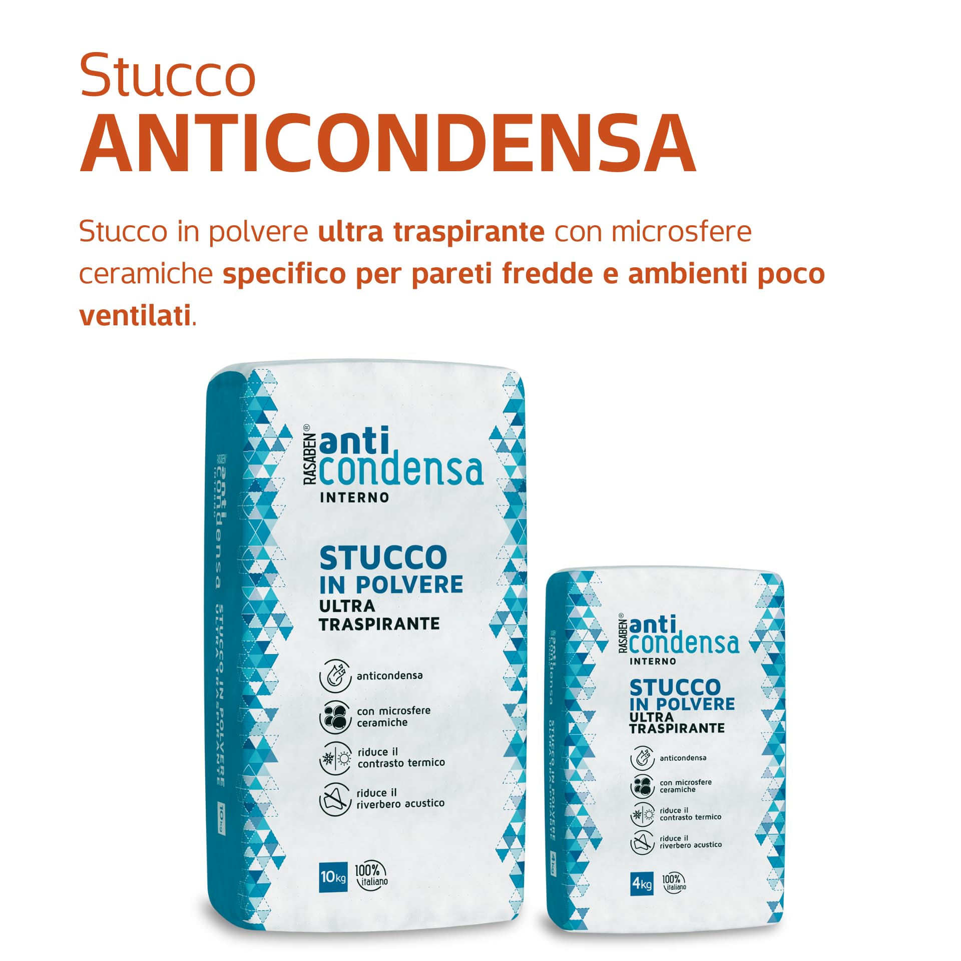 RASABEN - Stucco in Polvere Anticondensa con Microsfere Ceramiche, per Ambienti poco Ventilati, Riduce il Riverbero e il Contrasto Termico, Ultra Traspirante, Uso Interno, Made in Italy, Sacco da 4kg