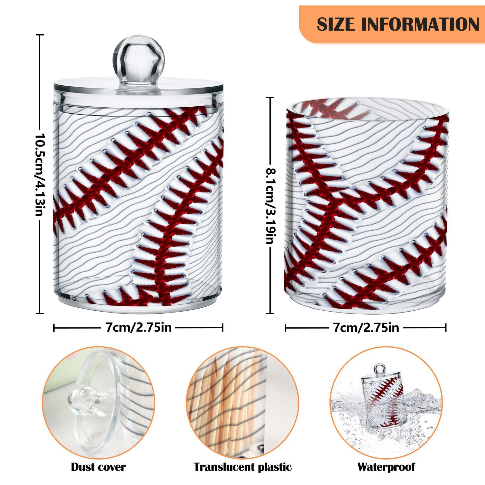ATTX Sport Baseball Print Qtip Holder Dispenser for Cotton Ball, Cotton Swab,Plastic Clear Apothecary Jar, Home Décor Kitchen Storage Jar,2 Pack