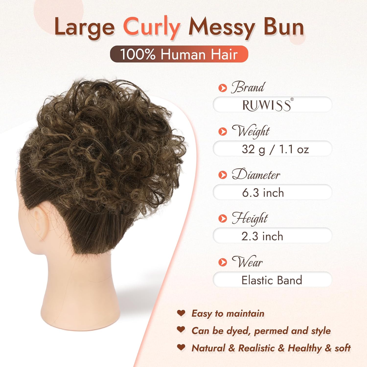 RUWISS Curly Messy Bun Hair Piece Human Hair, Thick Fluffy Scrunchies Updo for Daily, Natural Looking Hair Pieces for Women Daily Wear Ponytail Extension (Brown Mixed)