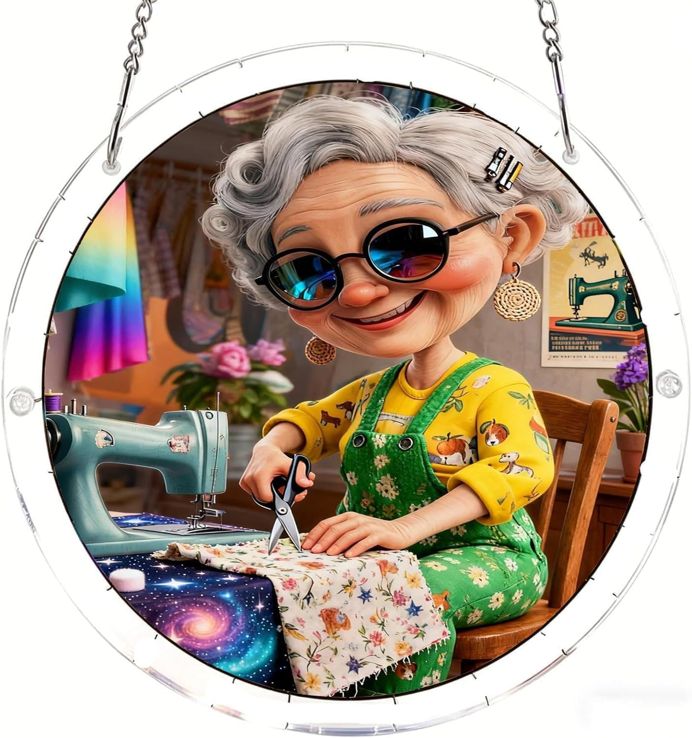 Tailor's Shop Grandma- Acrylic Jigsaw Puzzles Suncatcher, 8.2 Inch Window Hanging Suncatcher Acrylic Puzzle, DIY Home Decor Art Gift