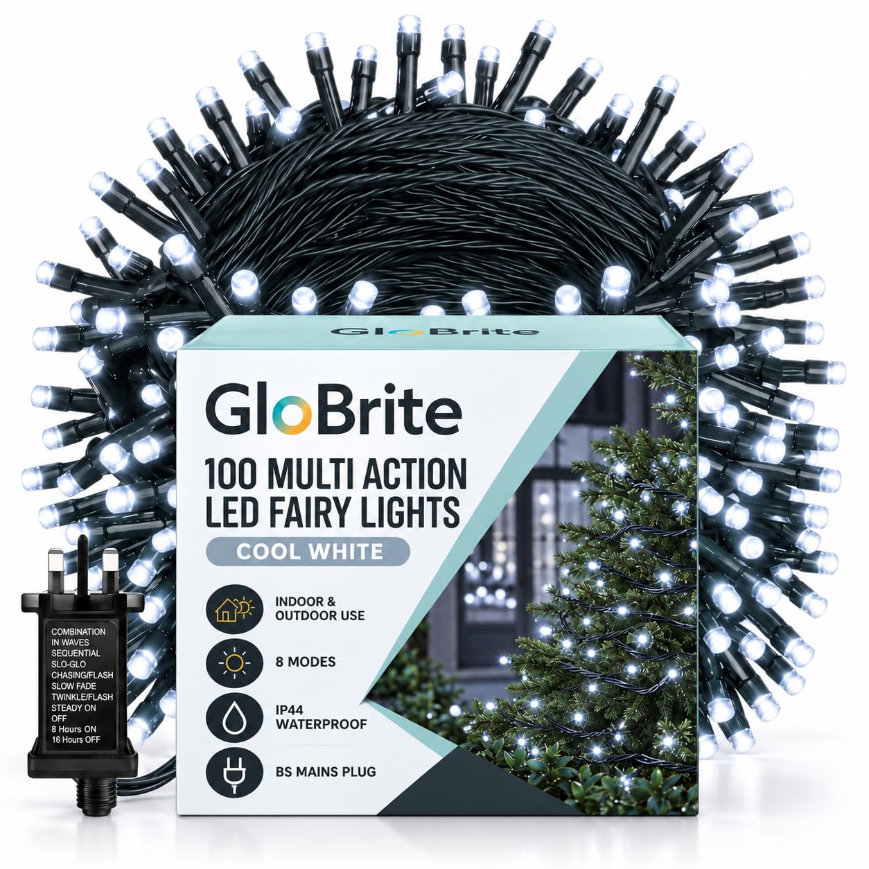 GloBrite 100 LED Fairy Lights - Versatile Christmas Lights with 8 Modes, Outdoor Fairy Lights, Christmas Tree Lights and Christmas Decorations - Waterproof Christmas Lights Outdoor - Cool White