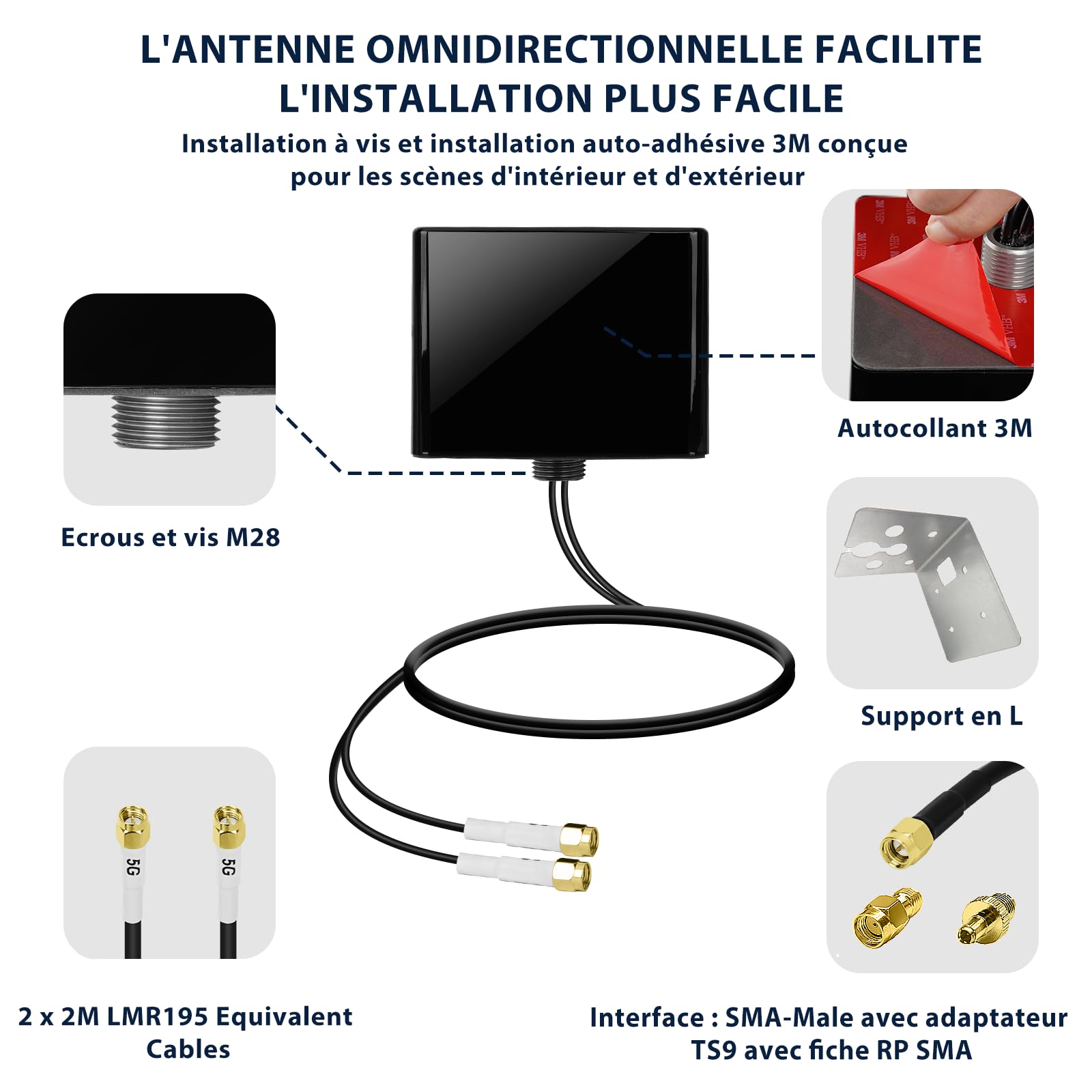 Maswell Antenne extérieure 5G 2X2 MIMO, jusqu'à 6 dBi, 600-8000 MHz Externe 4G LTE 5G NR routeur antenne extérieure SMA & TS9 & RP-SMA pour Camping-Car, Compatible avec Fritzbox Netgear