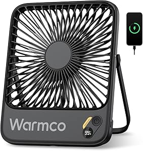 Warmco 10000mAh Portable Desk Fan 21cm, Max 24H Runtime, Ultra-thin Quiet Rechargeable Battery Operated Fan with Digital Display for Travel, Camping, Office, Bedroom, Cruise Essentials