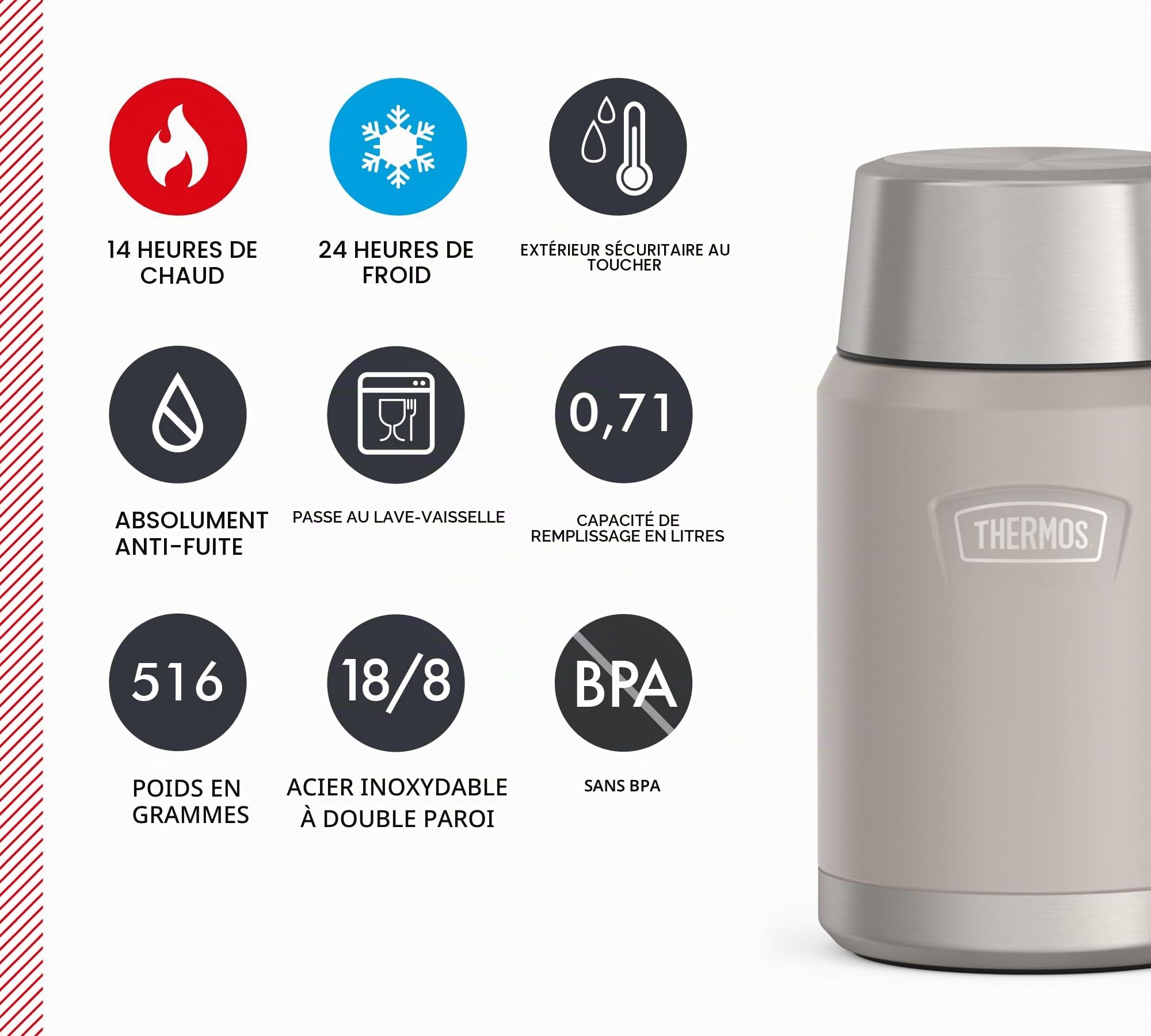 Thermos Icon Food Jar Pot alimentaire en acier inoxydable 18/8 à double paroi pour garder au chaud et au froid avec cuillère pliable, fond antidérapant, 0,71 l, beige/grès mat, 710 ml