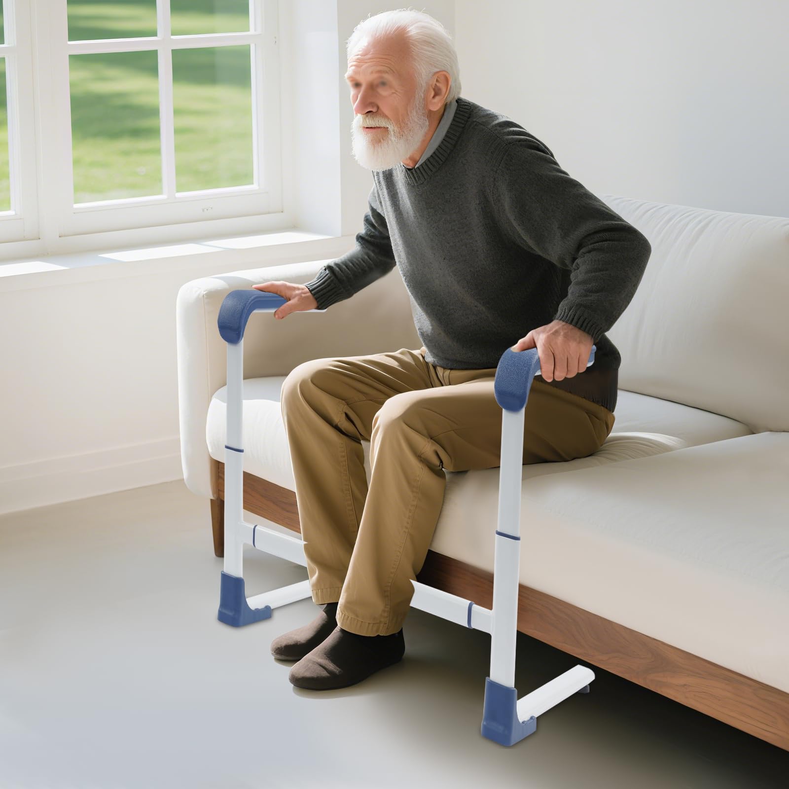 Ausili per alzarsi da Divano/Letto/WC, Aiuto per alzarsi antiscivolo per anziani con maniglia larga, Altezza e larghezza regolabili Supporto per pazienti e disabili, fino a 150 kg (Blu)