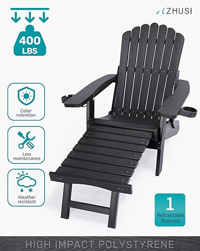 Miniatura 3 de ZHUSI Juego de 2 sillas plegables Adirondack con otomana retráctil, silla Adirondack ajustable con 2 soportes para tazas, sillas de exterior para