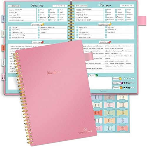 Libro de recetas para escribir en tus propias recetas, cuaderno de recetas en blanco con 15 pestañas para amantes de la cocina familiar, organizador