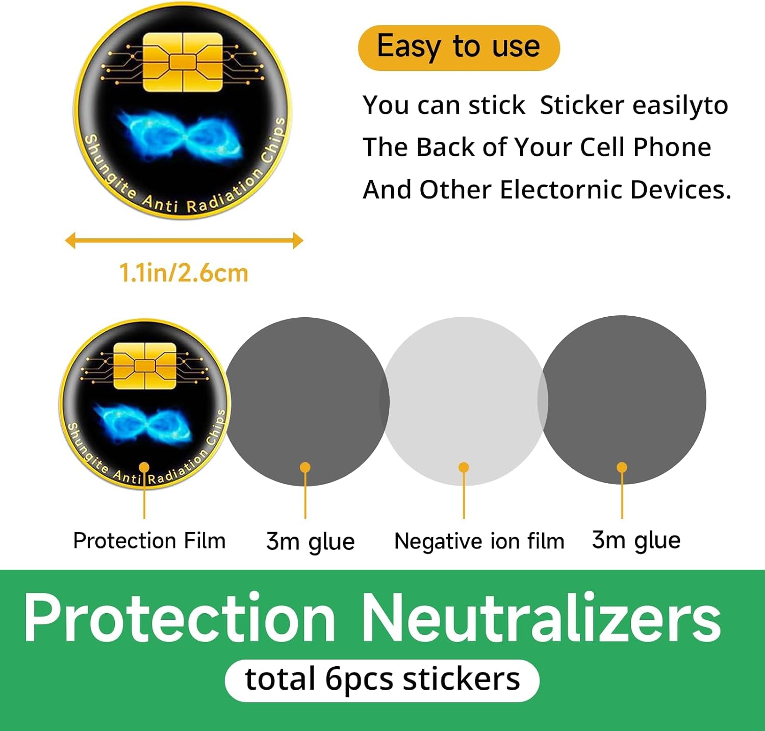 6 Pcs Cell Phone Protection Stickers Neutralizers for Smartphones, Tablets, Laptops, Computers, WiFi, TV, Monitors - All Devices Black uu image 2