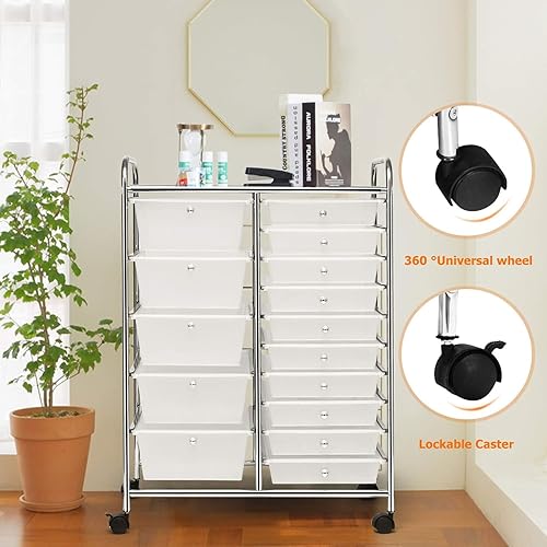 Vista 357 de LDAILY Carrito de almacenamiento con ruedas de 15 cajones, carrito rodante con cajones para aula, organizador de manualidades con ruedas con marco