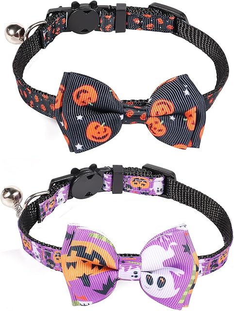 LUTER 2 Pack Halloween Cat Collar Breakaway with Removable Bow Tie with Bell Adjustable Halloween Cat Kitten Accessories Decor (Black, Purple)