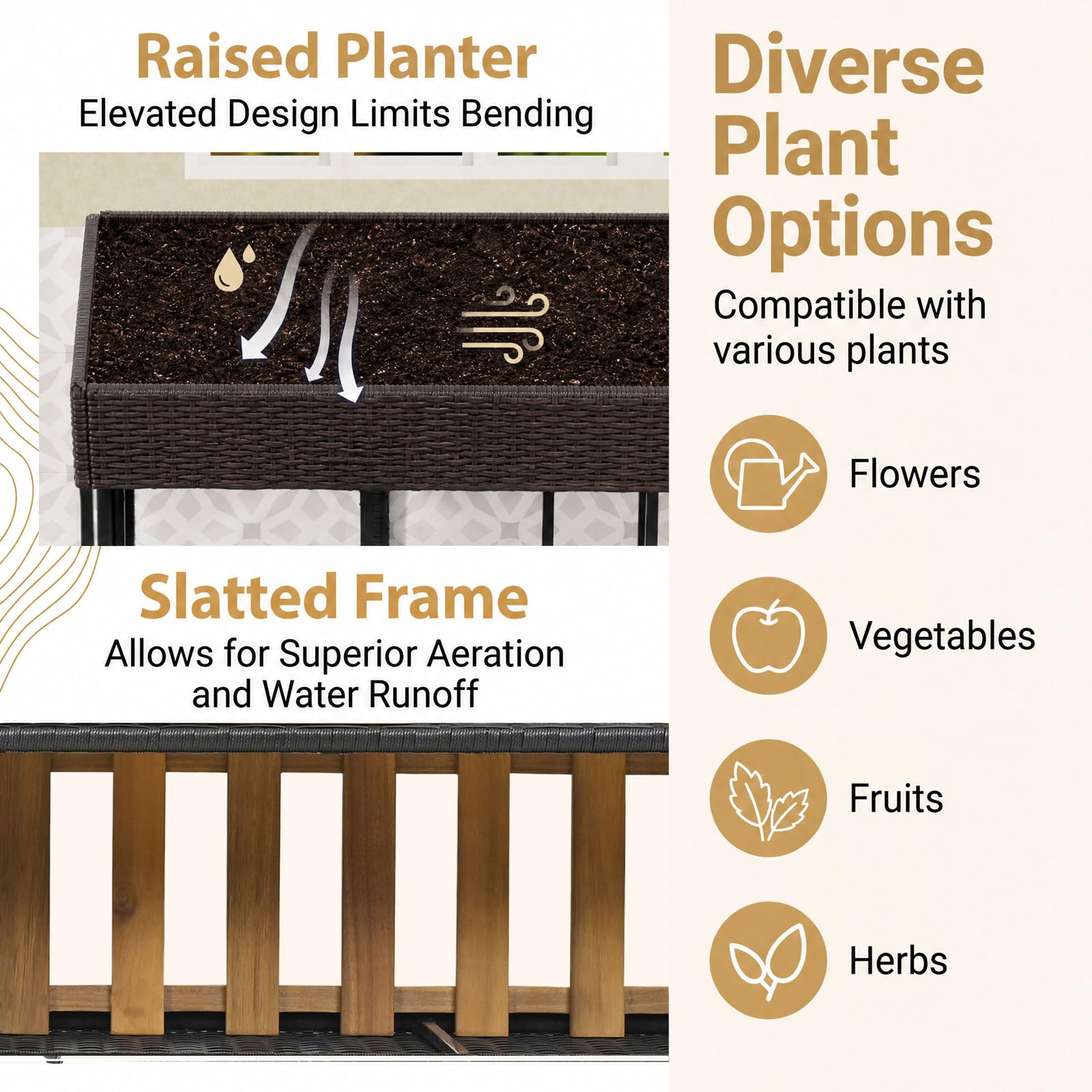 GIANTEX Juego de Muebles de Exterior con Jardinera Elevada, para 2 Personas (Marrón)