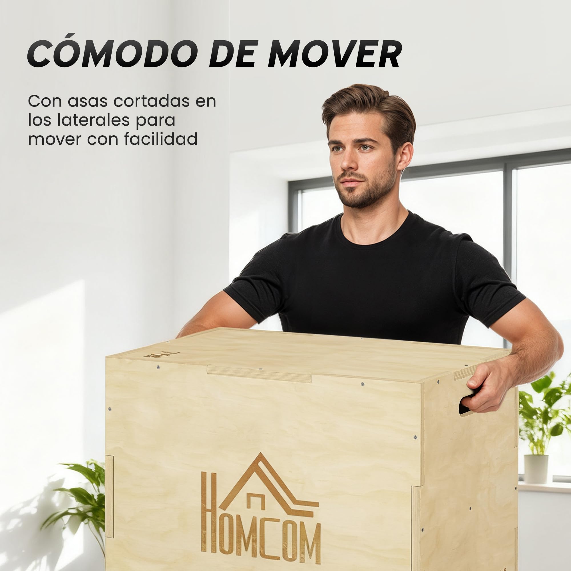 HOMCOM Cajón Pliométrico de Madera 3 en 1, Plataforma de Caja Pliométrica con 3 Alturas Diferentes, 2 Mango Hueco, Entrenamiento de Salto, Fuerza, para Casa, Gimnasio y Exterior, 61x51x76 cm