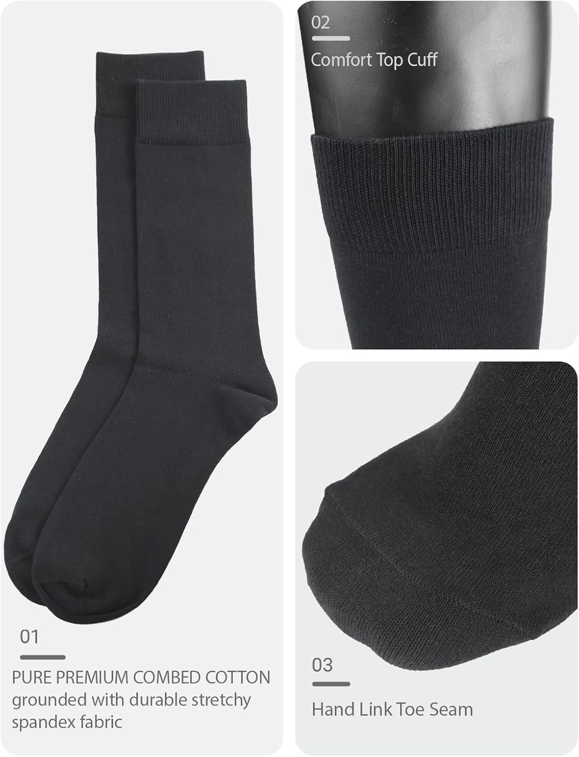 COTTON DAY Men's Premium Soft Combed Cotton Trouser Dress Socks Seamless Toe Black Navy Blue Striped - Image 6