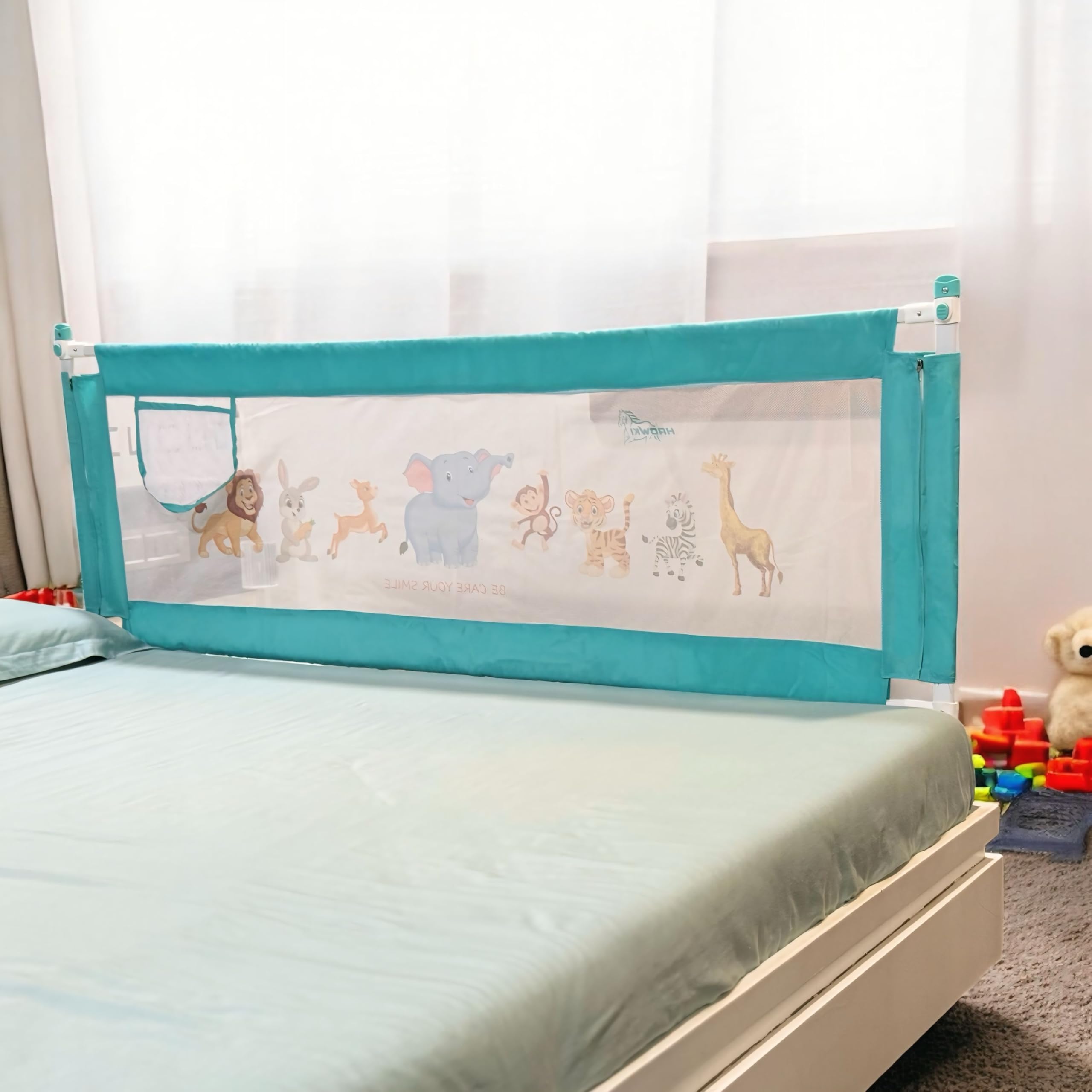 HAOWKI Baby Bed Rail Guard for Kids | Foldable Safety (6ft x 2ft) Bed Fence with Animal Print | Tear-Free Mesh | Suitable for All Bed Sizes (3, Green) - Image 7 thumbnail