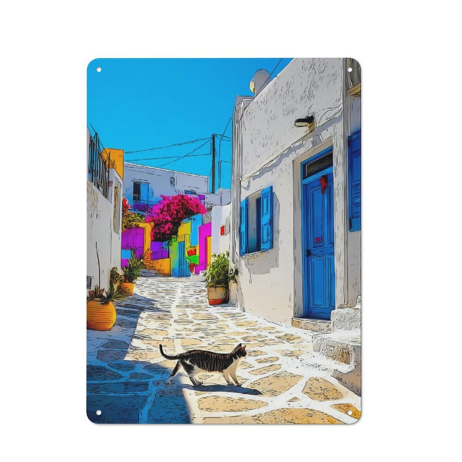 Colorful Mediterranean Alleyway with Cat Metal Wall Sign 40x30cm, Clean Industrial Loft Wall Plaque for Workspace, Cafe, Hallway Or Garage
