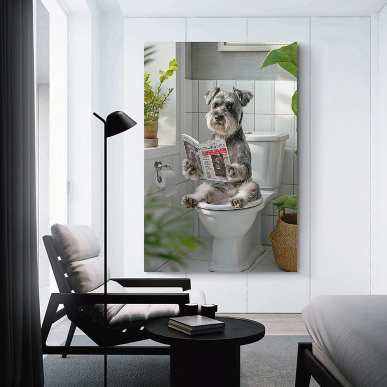 Junmoney Unframe-Style-21 Schnauzer Dog Reading On Toilet Canvas Wall Decor 12X18inch(30X45cm), For Bedroom Walls, Guest Spaces Or Lounges, A Warm Accent For Relaxed Interiors