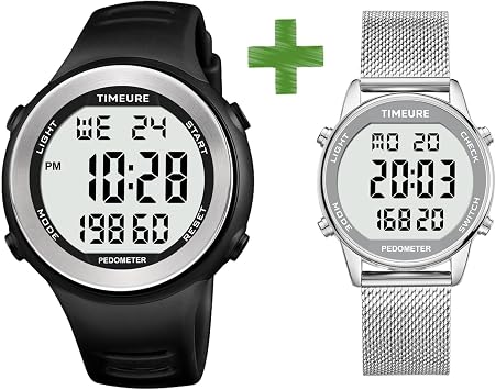 Pedometer Watch for Men and Women No App Connection, with EL Backlight. TIMEURE-2308 Black and Silver