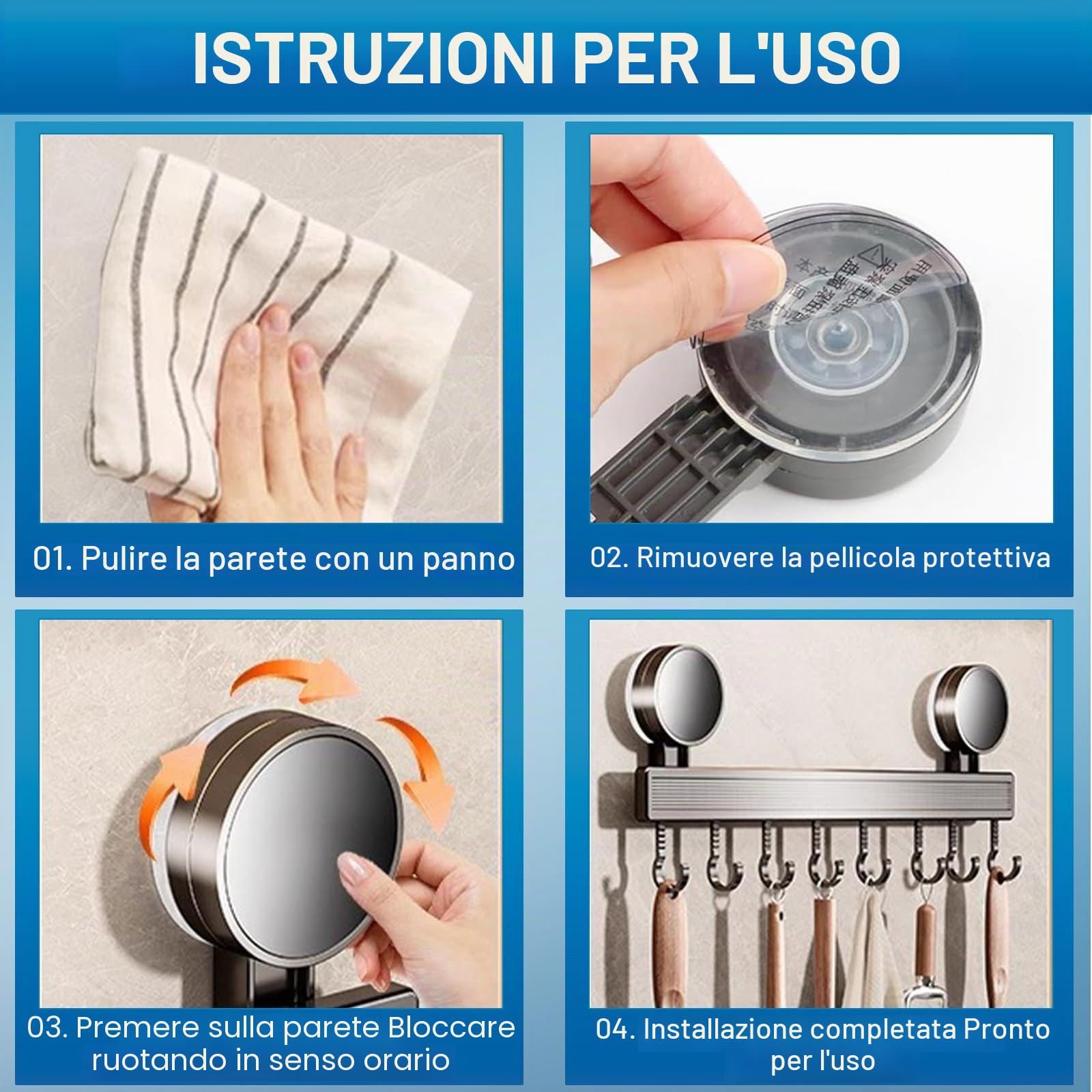Porta Utensili da Cucina con Ventosa | Lunghezza 40 cm, portata 10 kg, 8 ganci mobili | Barra da cucina per utensili da cucina, camera da letto, bagno
