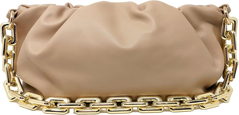 Womens Clutch Purse Bag | Cloud-Shaped Dumpling Chain Pouch | Ruched Chain Link Shoulder Handbag