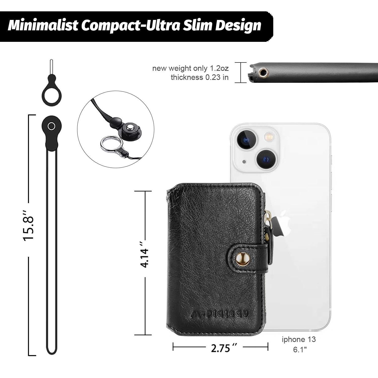 M-Plateau Handy-Geldbörse zum Aufkleben – schlanker, langlebiger und stilvoller Kartenhalter aus PU-Leder mit 3M-Kleber und abnehmbarem Umhängeband für iPhone und die meisten Smartphones (schwarz)