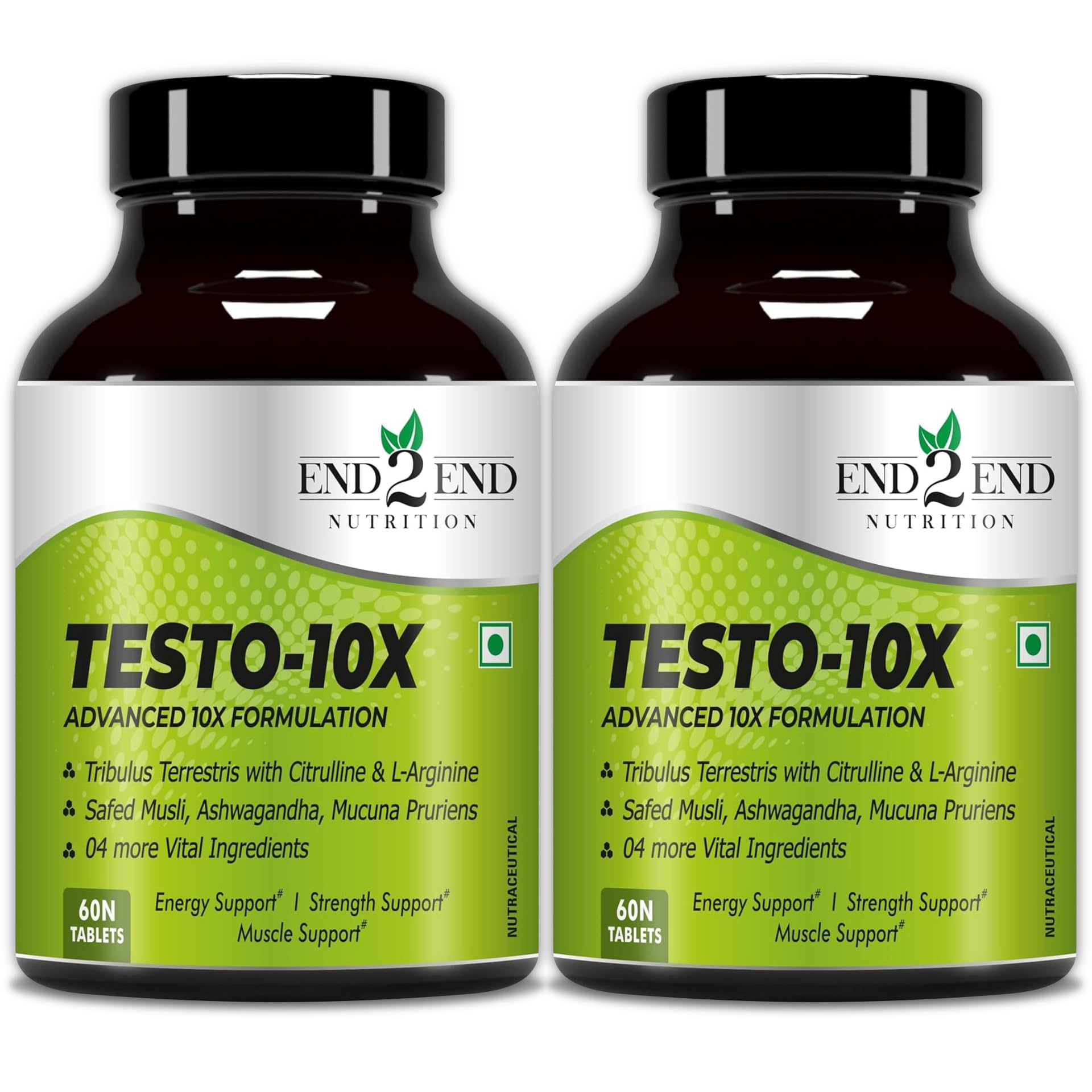 End2End Nutrition Testo 10X Natural Testosterone Booster Supplement for Men | Testosterone Support Supplement For Men To Support Energy, Stamina, Strength & Muscle Gain – (Pack of 2) 60x2 Tablets