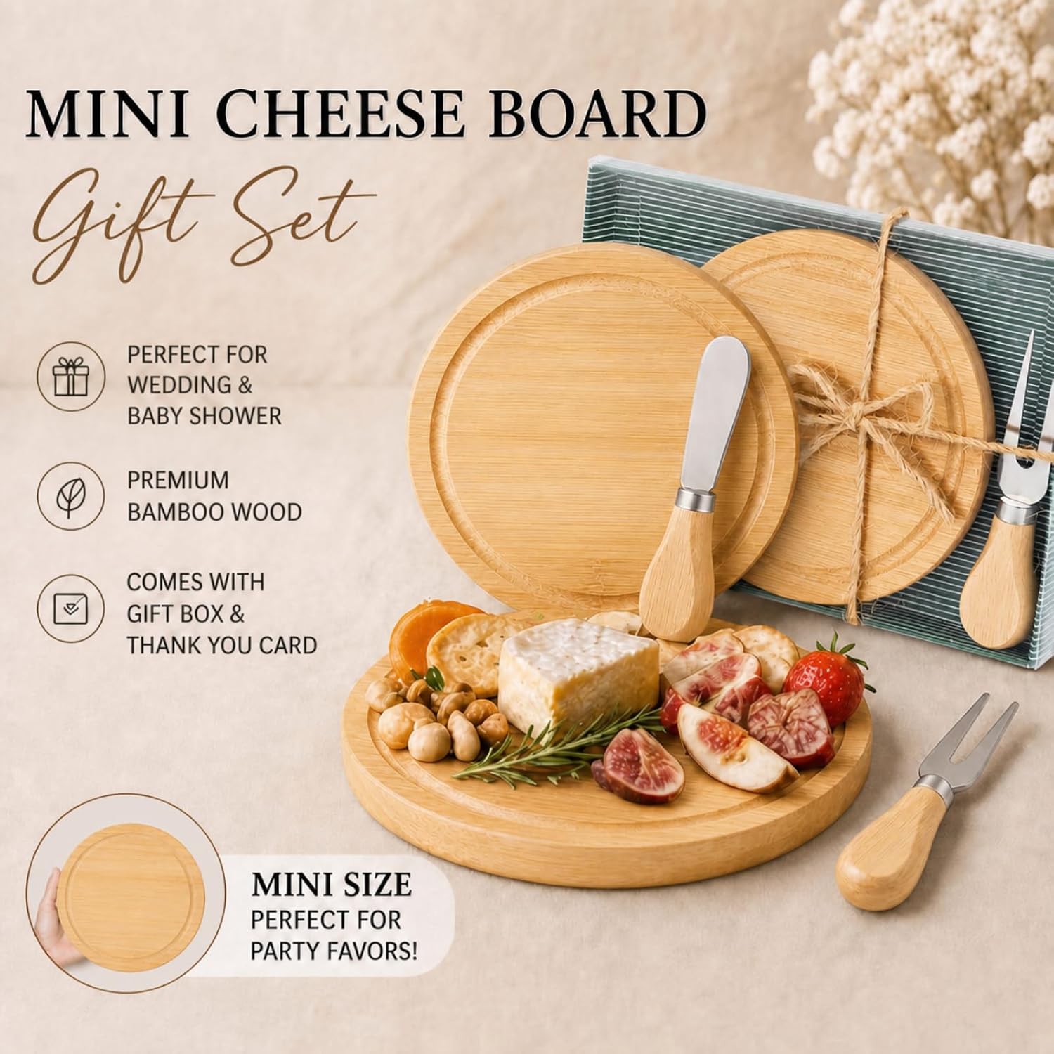 Maxcheck 50 Sets Baby Shower Bridal Game Prizes for Winners Round Cheese Board Set Wood Mini Charcuterie Board with Knives and Forks Thank You Card with Gift Box for Guests Wedding (Bamboo)
