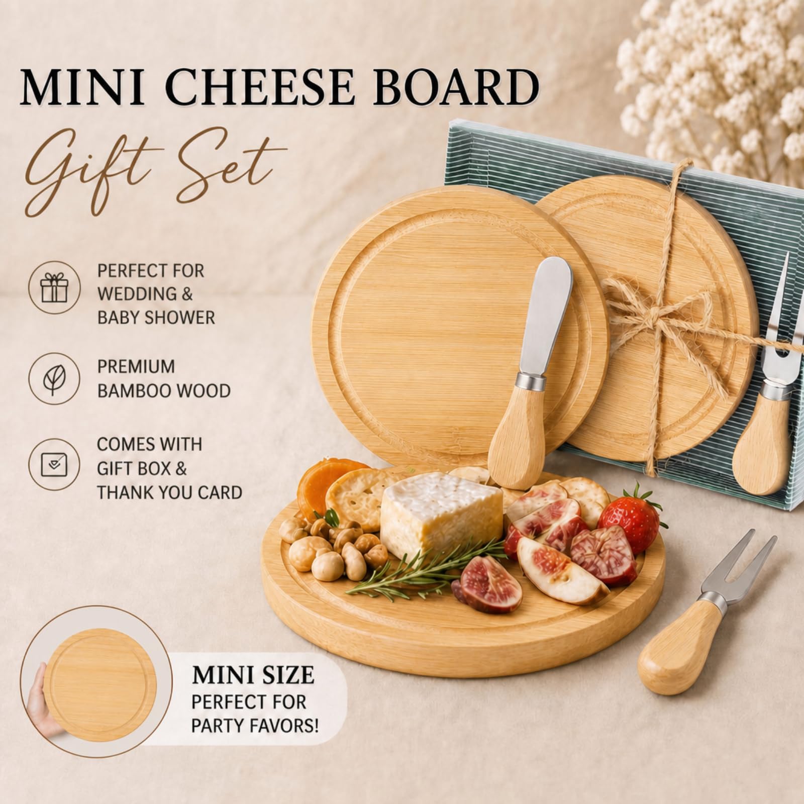 Maxcheck Set di 6 mini taglieri rotondi in legno per salumi, con coltelli e forchette, etichette di ringraziamento, con scatola regalo per gli ospiti e feste di nozze (bambù)