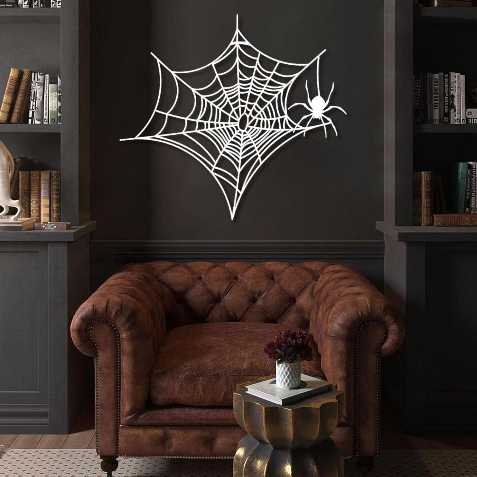Metalowa, czarna pajęcza sieć, metalowa dekoracja ścienna na Halloween, nowoczesna rzeźba z pająkiem do salonu, sypialni i przedpokoju (biała, 53 x 48 cm)