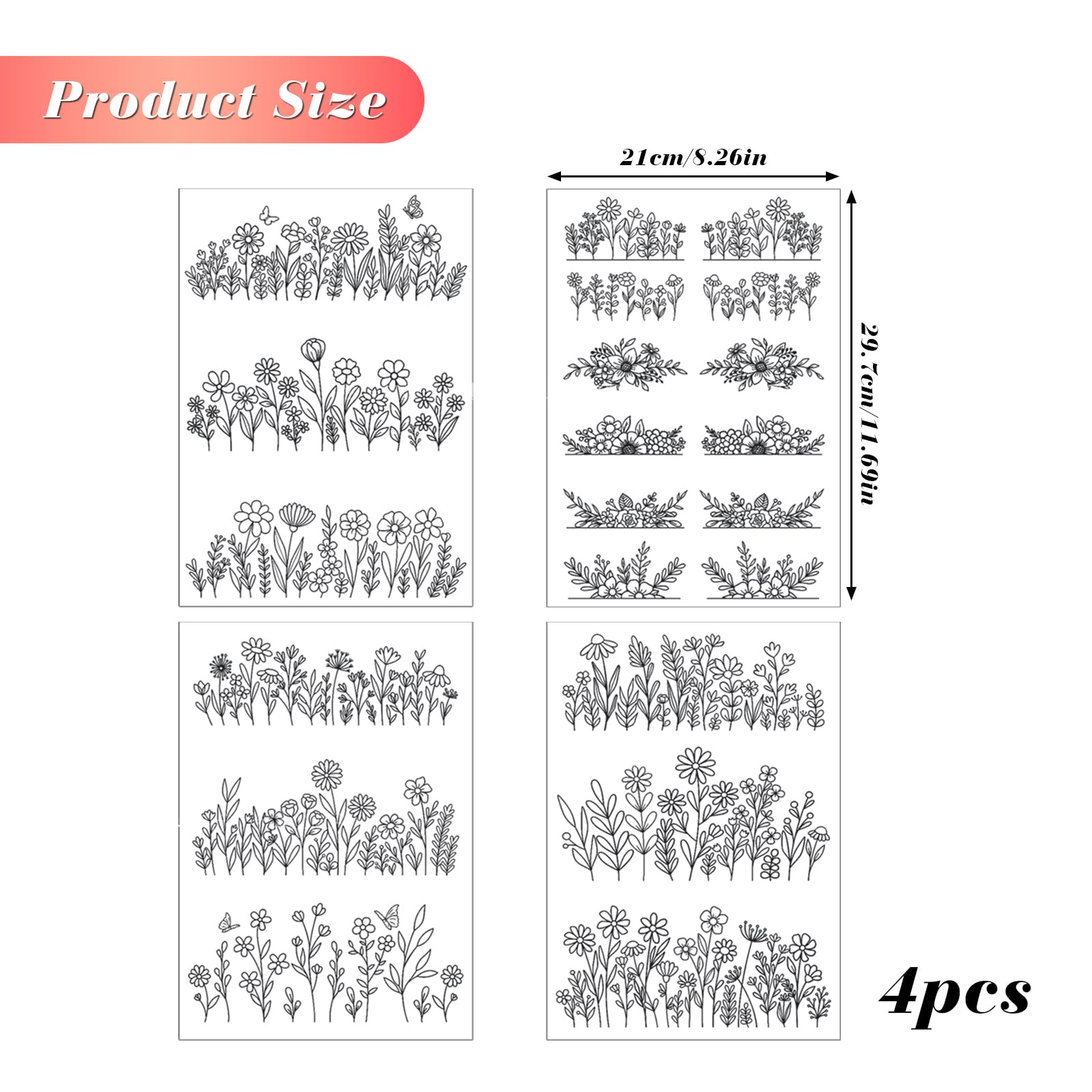 4 Blatt Wasserlösliche Stickvorlagen - Selbstklebend Für DIY Stickprojekte