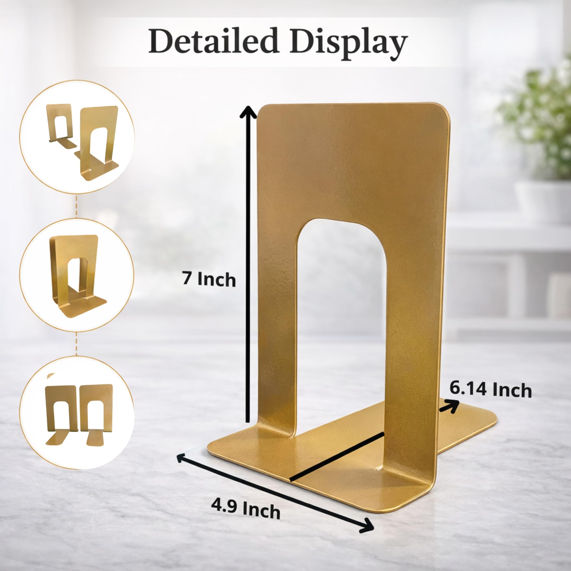 Alessk Sujetalibros dorados, sujetalibros resistentes, sujetalibros para estantes, sujetalibros de metal para libros pesados, topes decorativos para libros, decoración del hogar u oficina,