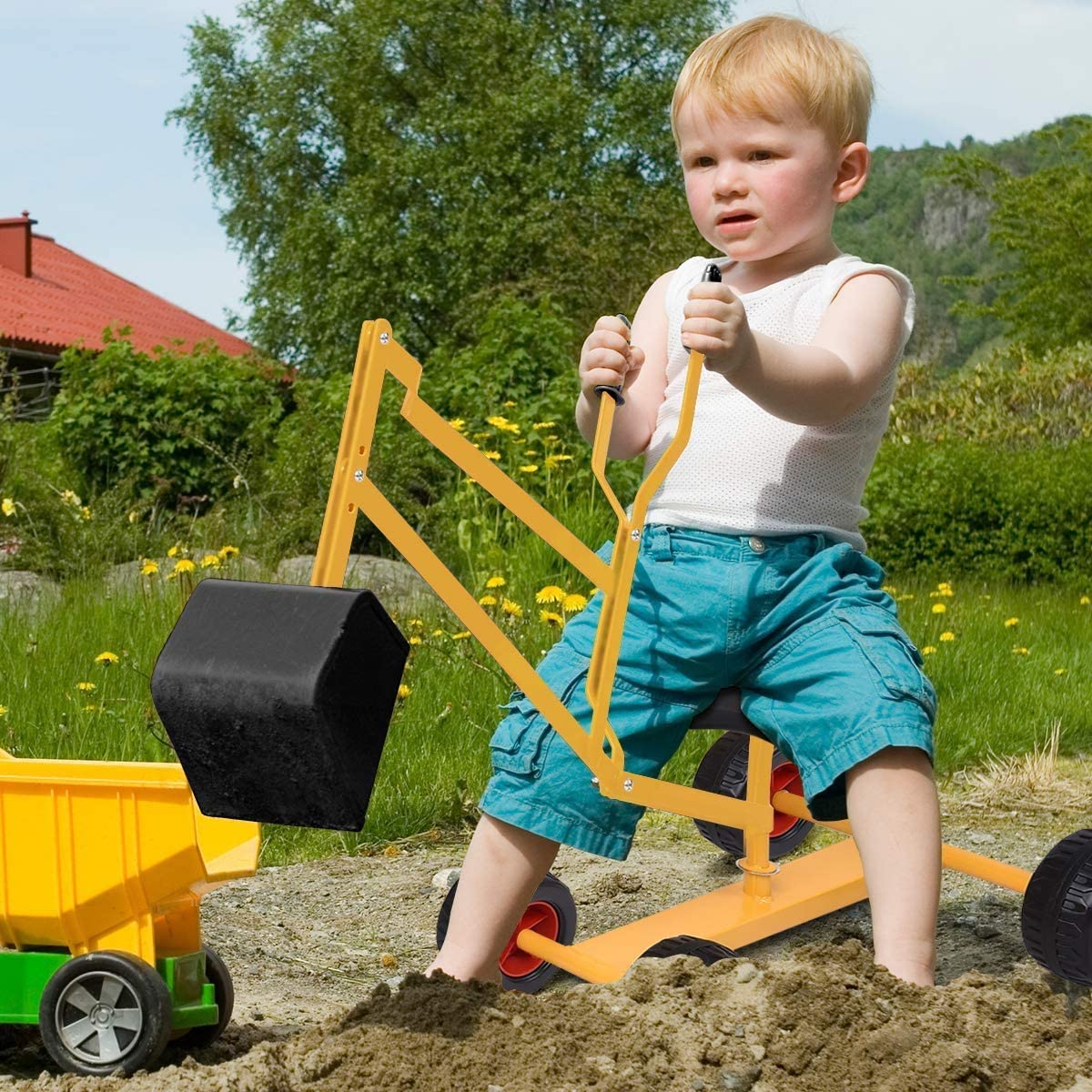 HONEY JOY Ride on Sand Digger, Metal Sit on Crane Sandbox Digger Toy